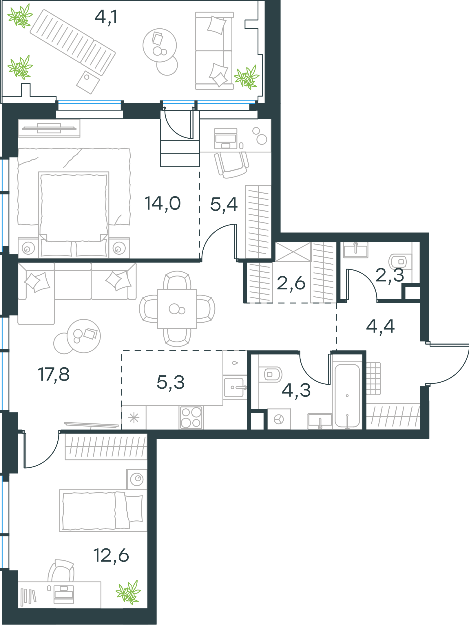 Официальная планировка 2D Level Павелецкая Сити, 72,8 м²