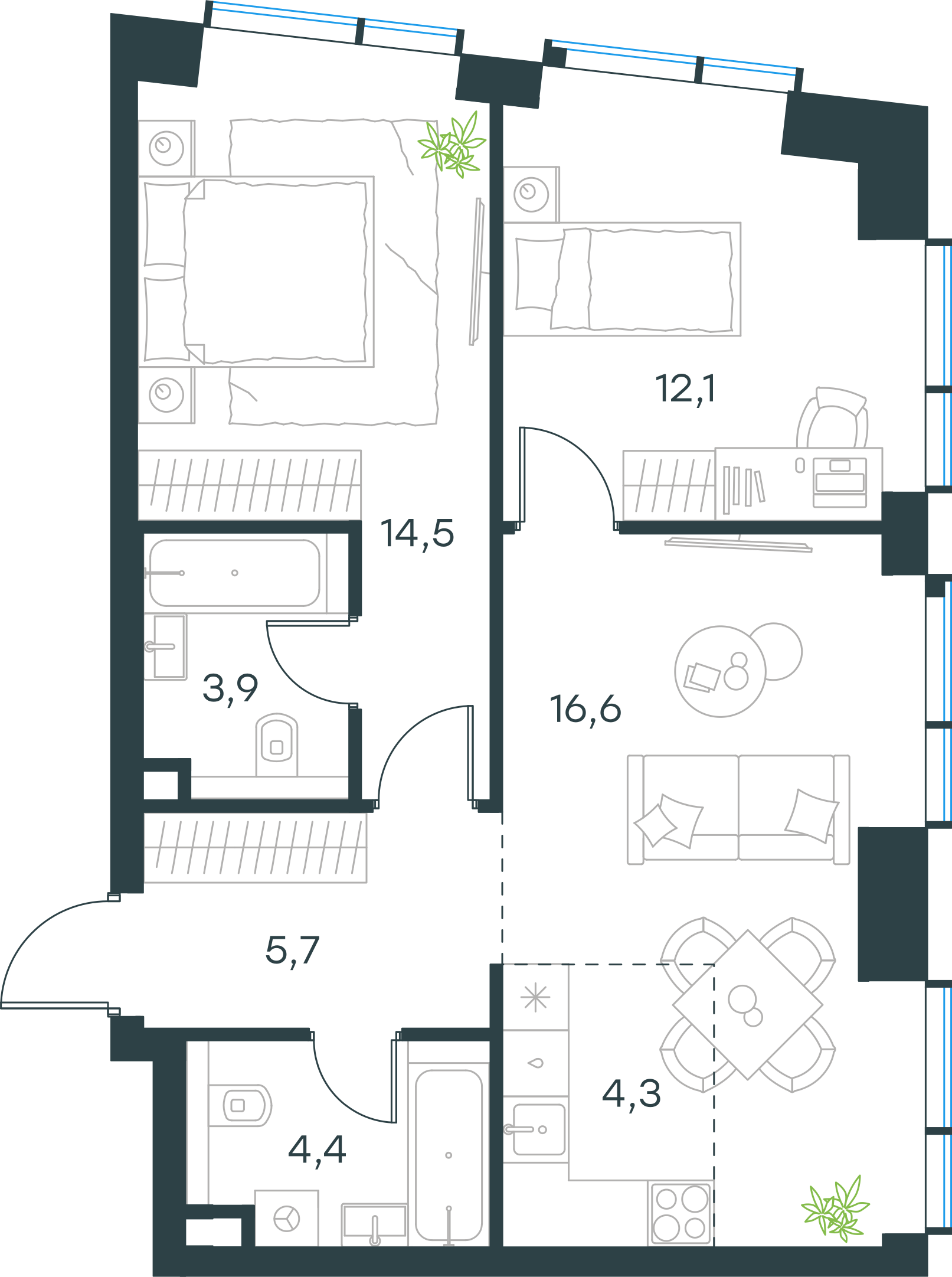 Официальная планировка 2D Level Павелецкая Сити, 61,5 м²