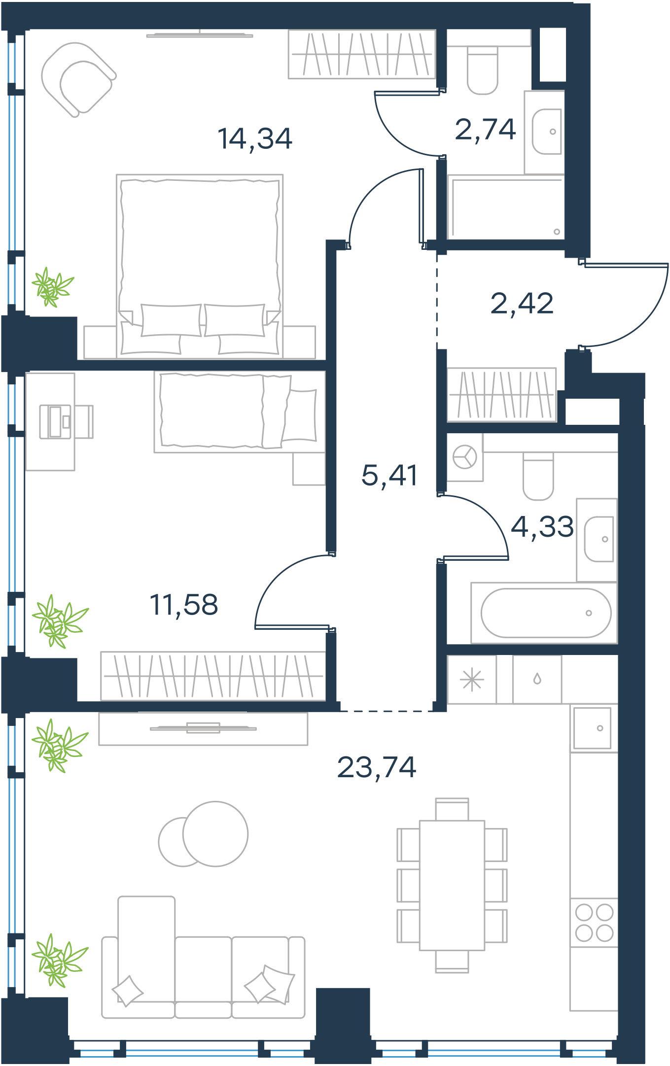 Официальная планировка 2D Level Павелецкая Сити, 64,56 м²