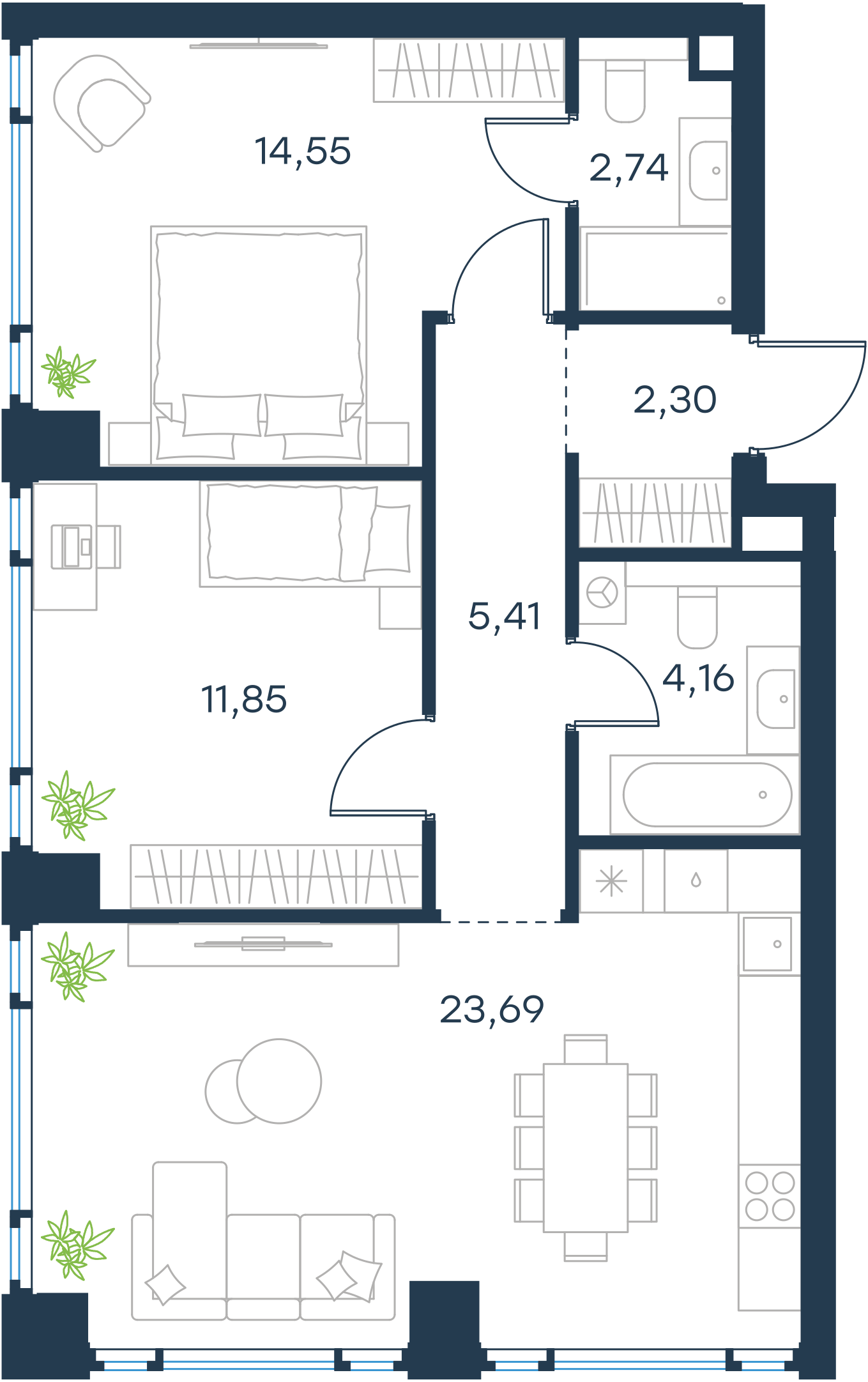 Официальная планировка 2D Level Павелецкая Сити, 64,7 м²