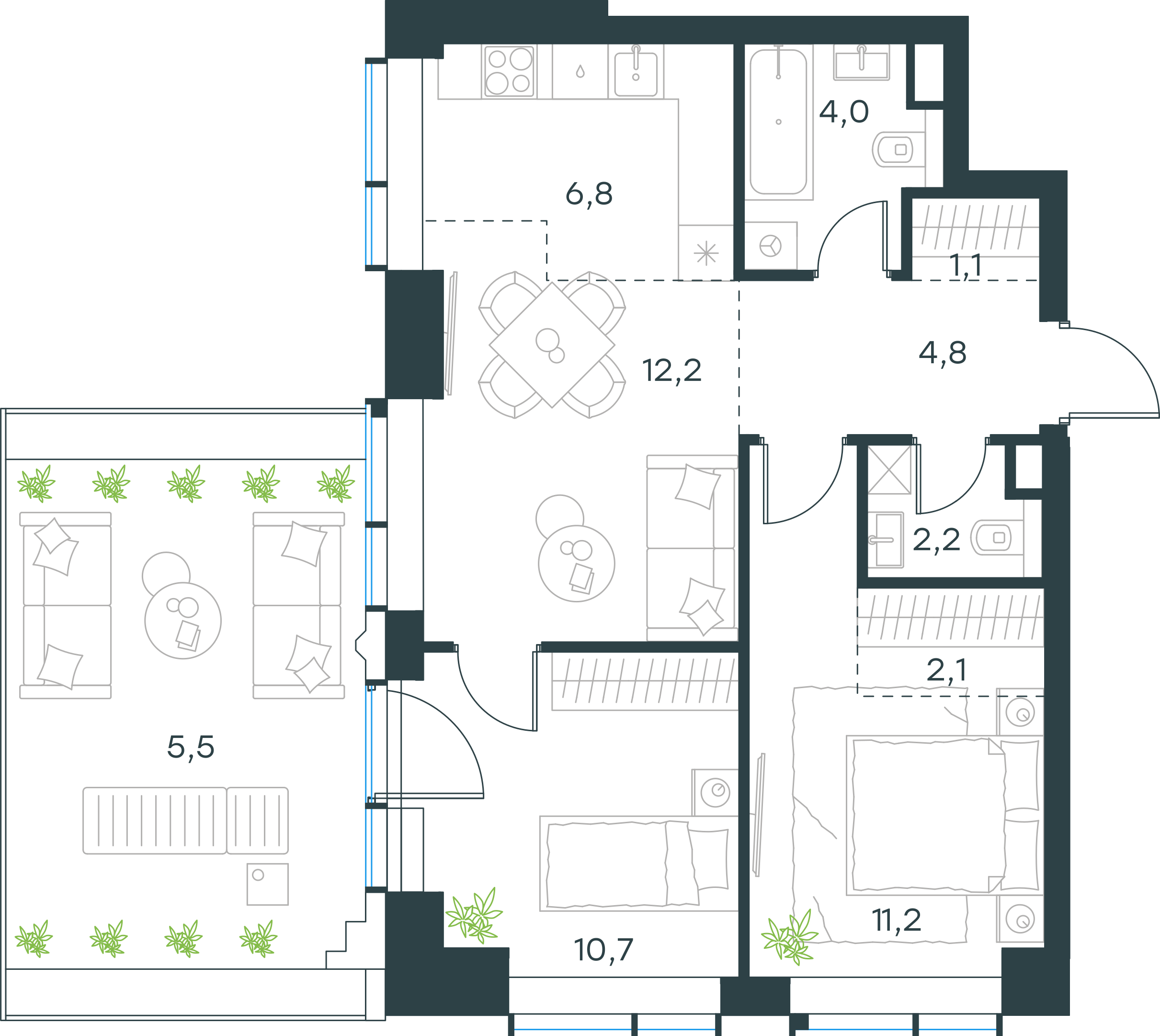 Официальная планировка 2D Level Павелецкая Сити, 60,6 м²