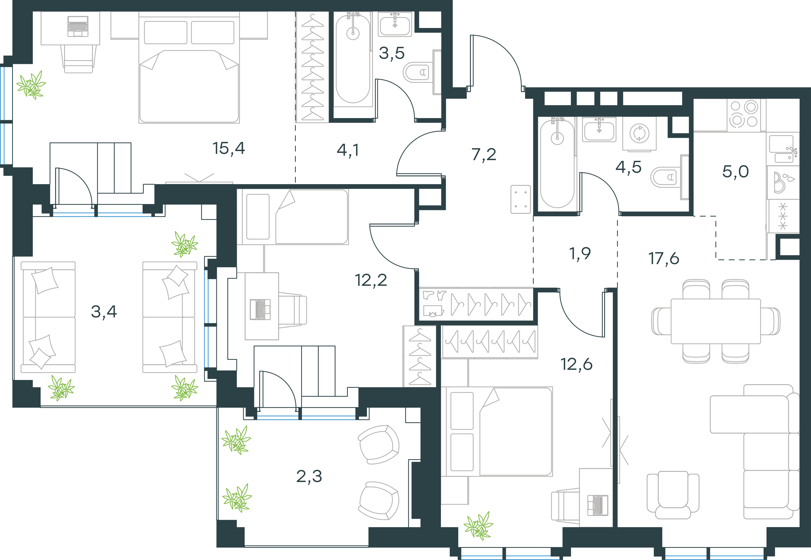 Официальная планировка 2D Level Павелецкая Сити, 89,7 м²