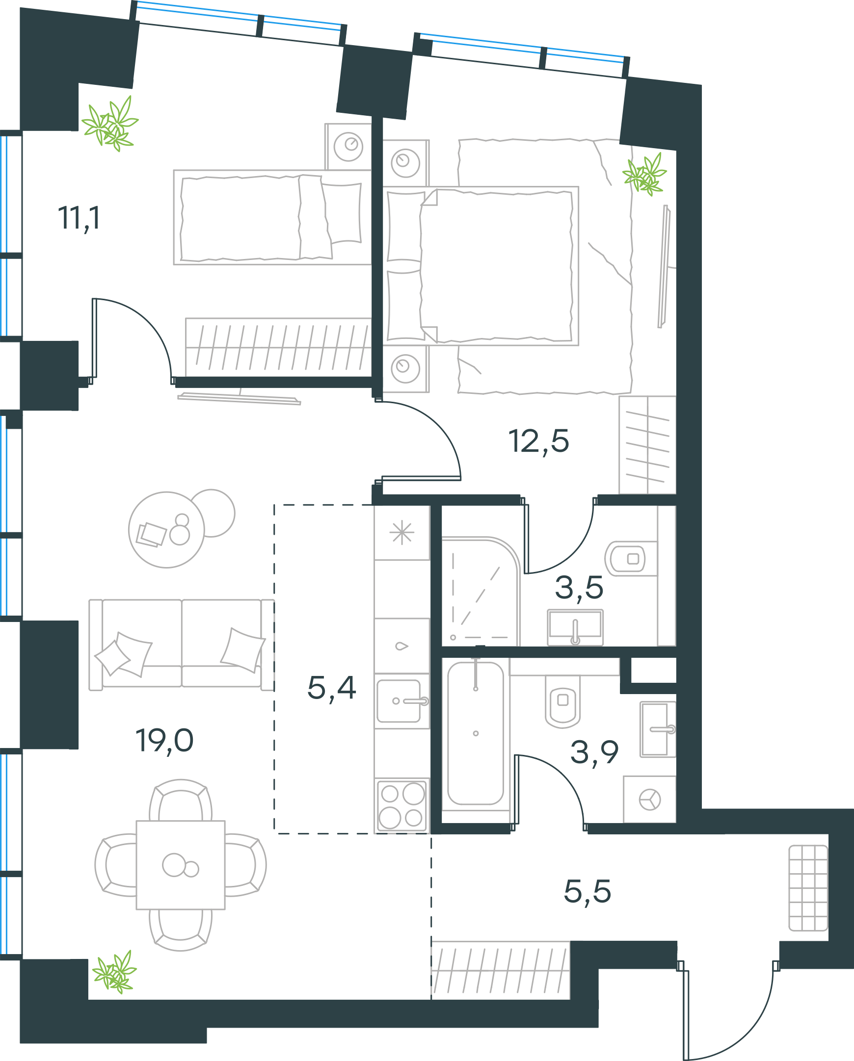 Официальная планировка 2D Level Павелецкая Сити, 60,9 м²