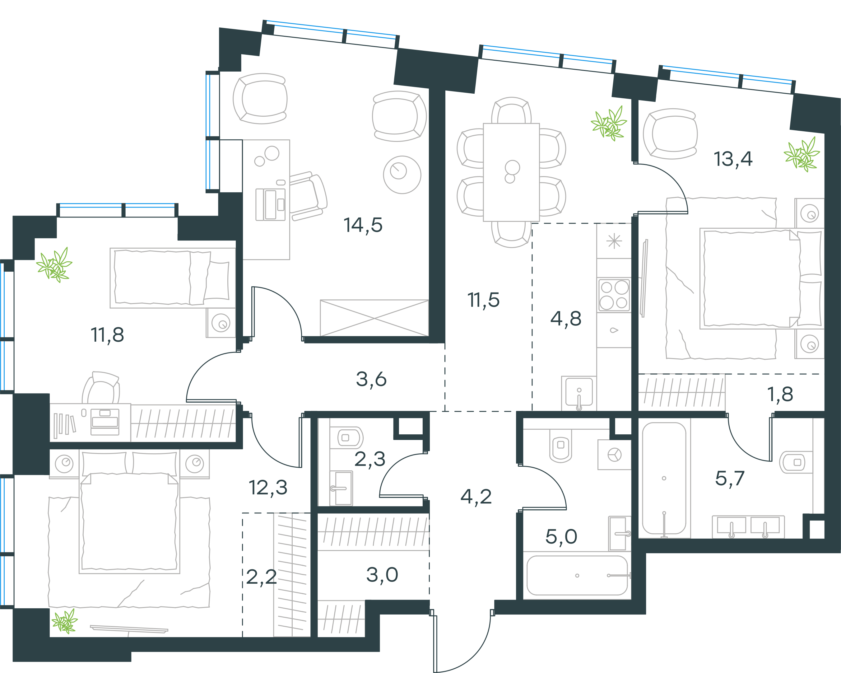 Официальная планировка 2D Level Павелецкая Сити, 96,1 м²