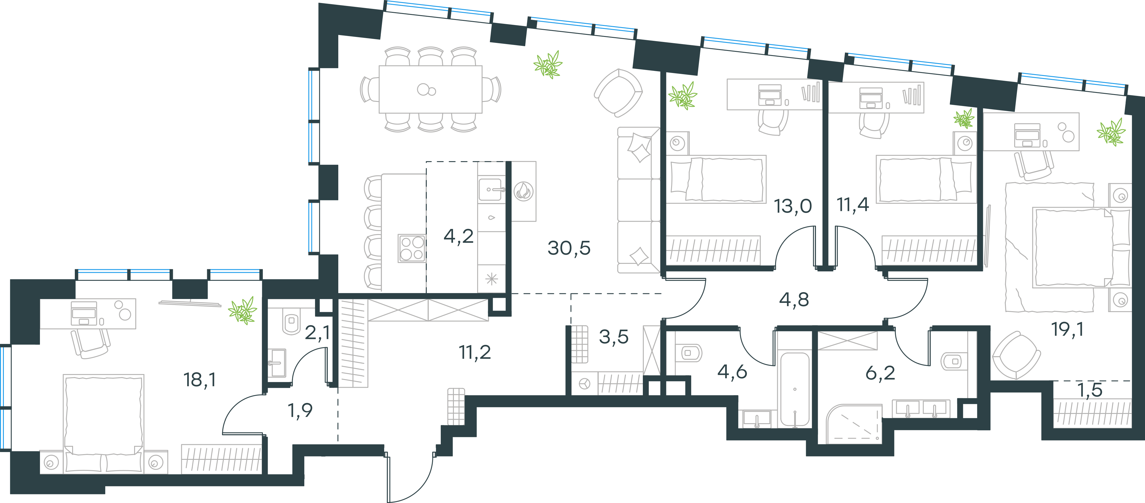 Официальная планировка 2D Level Павелецкая Сити, 132,1 м²