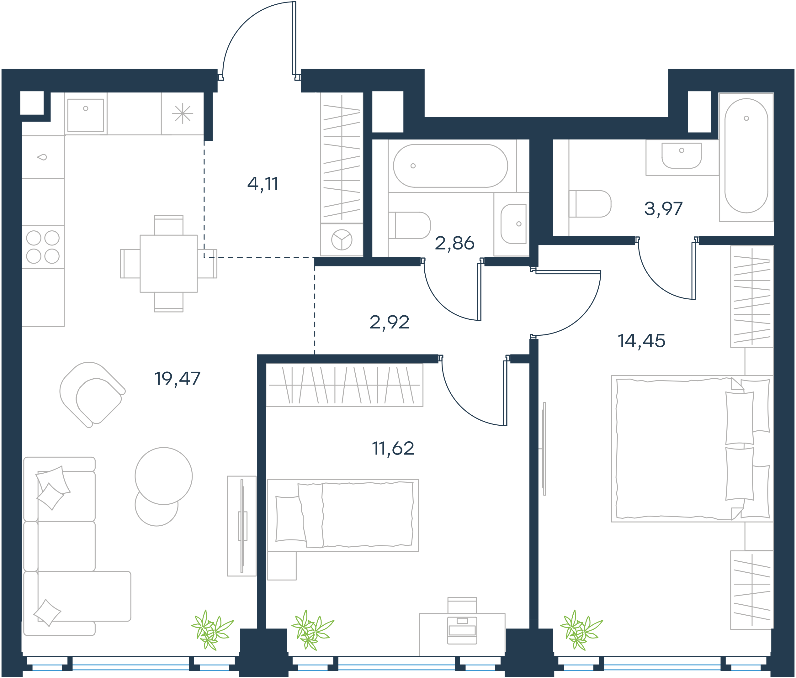 Официальная планировка 2D Level Павелецкая Сити, 59,4 м²