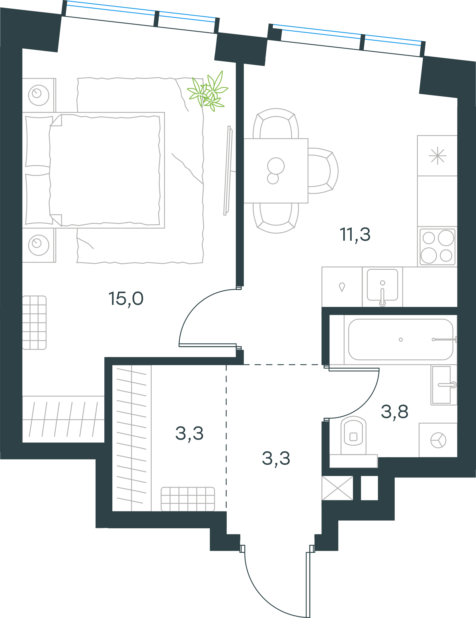 Официальная планировка 2D Level Павелецкая Сити, 36,7 м²