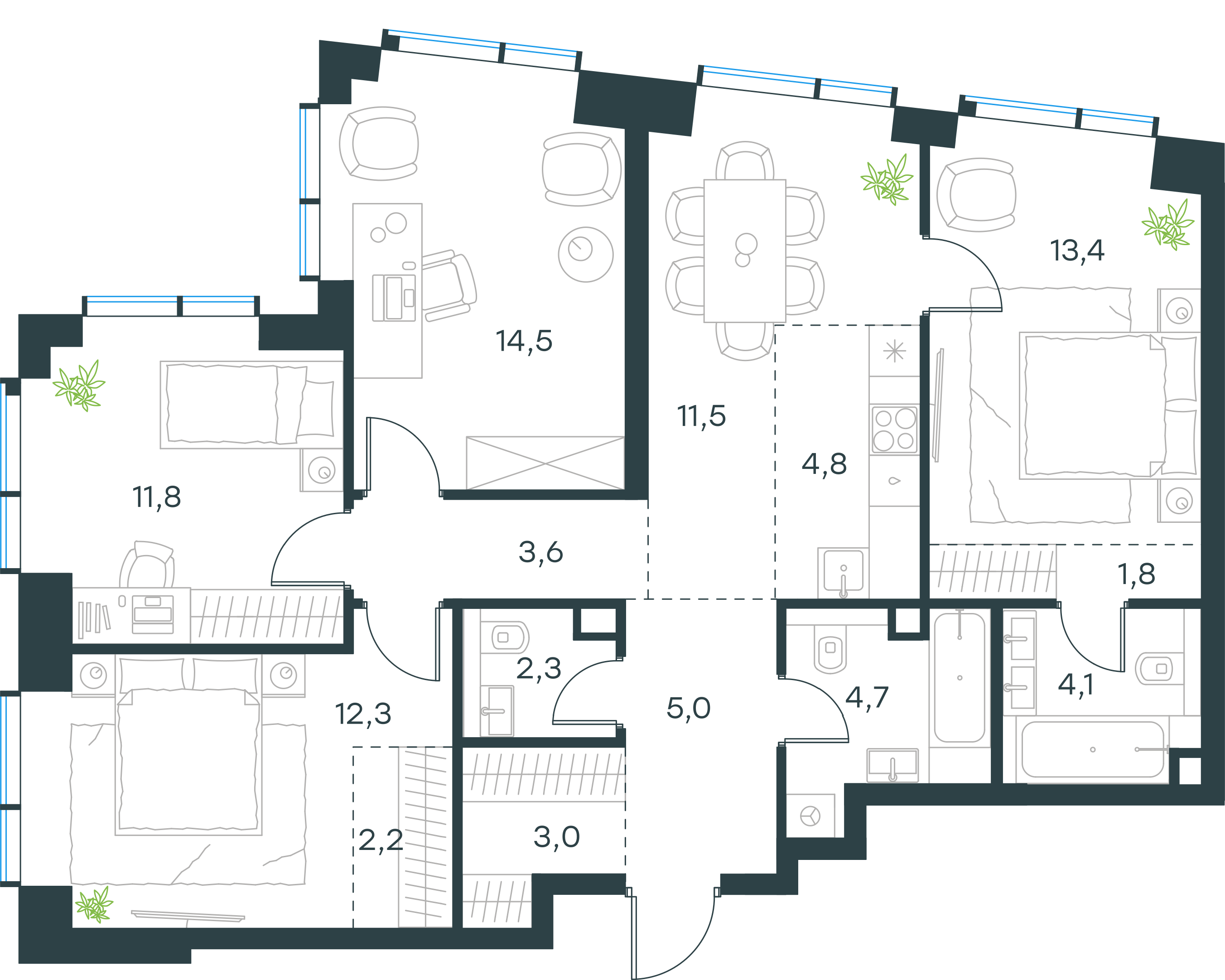 Официальная планировка 2D Level Павелецкая Сити, 95,0 м²