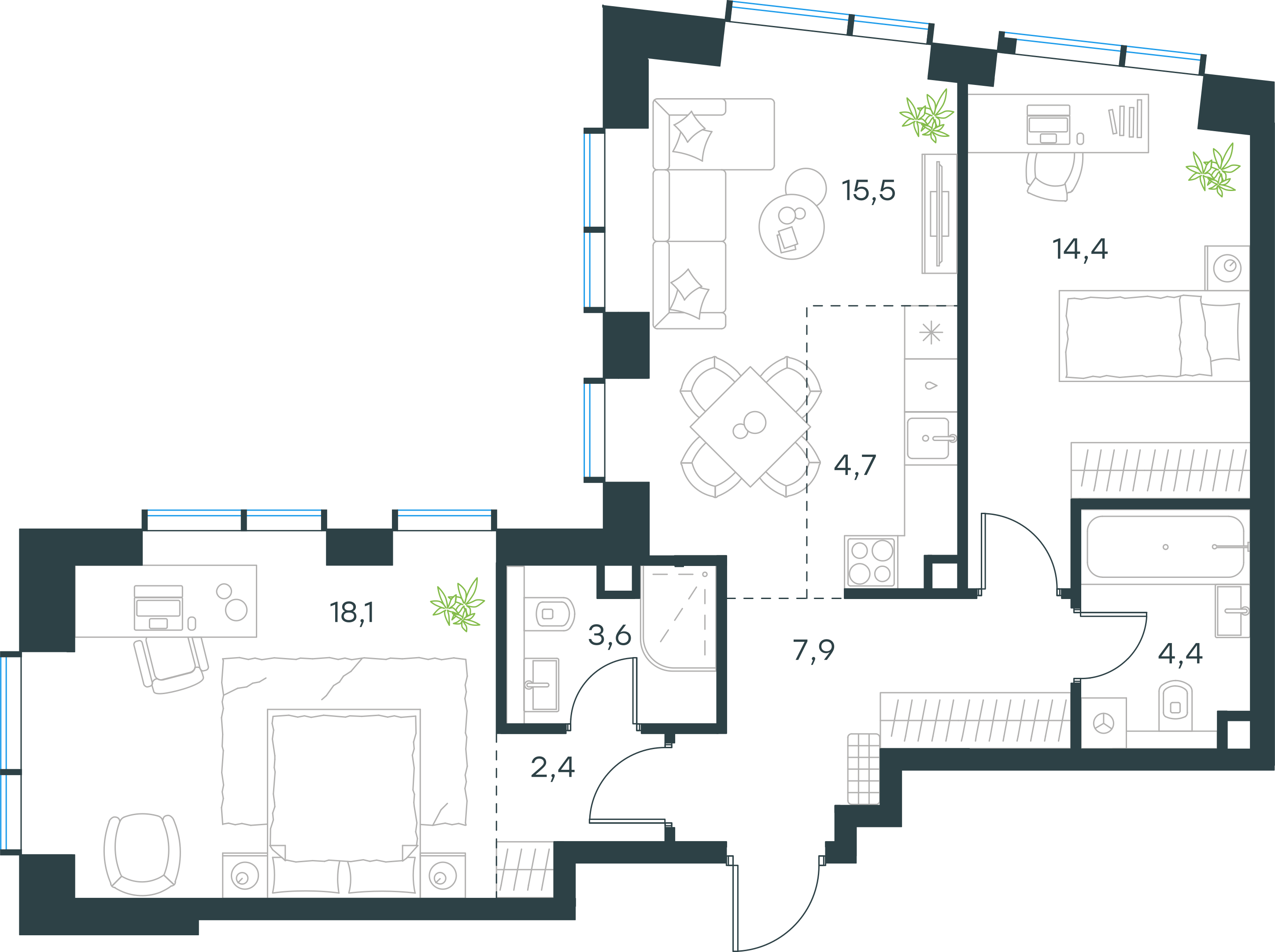 Официальная планировка 2D Level Павелецкая Сити, 71,0 м²