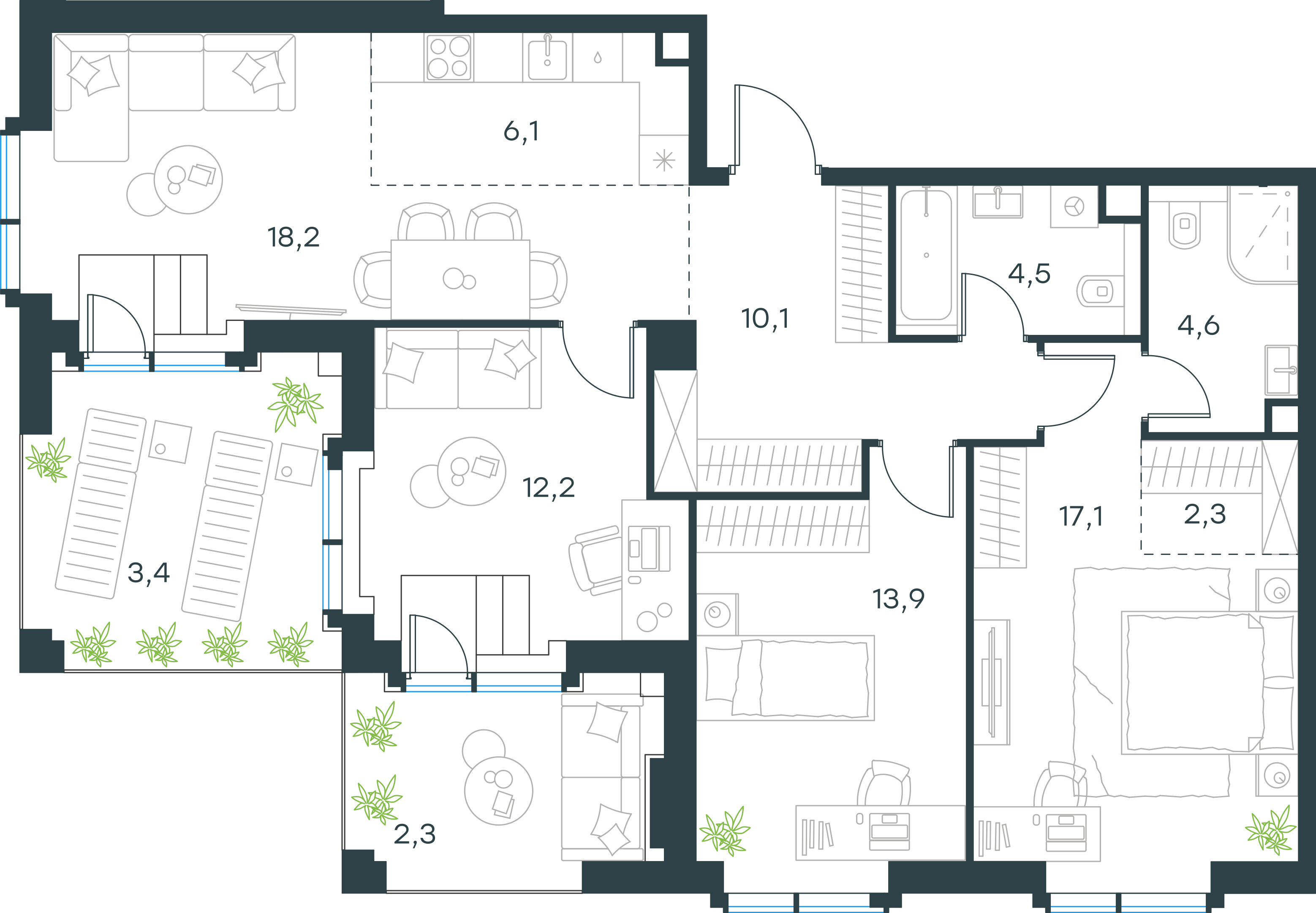 Официальная планировка 2D Level Павелецкая Сити, 94,7 м²
