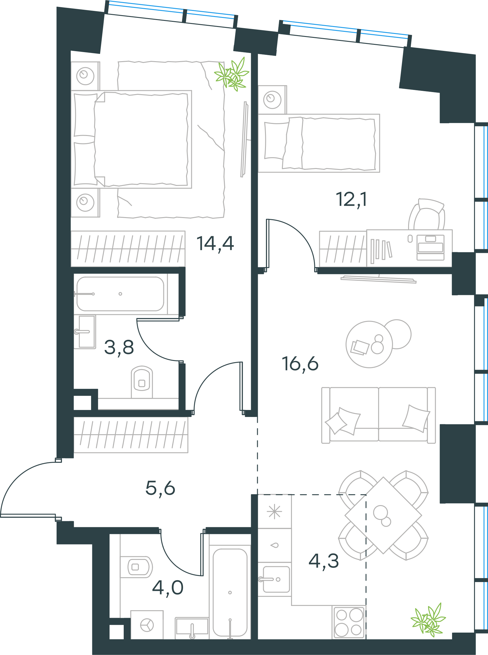 Официальная планировка 2D Level Павелецкая Сити, 60,8 м²