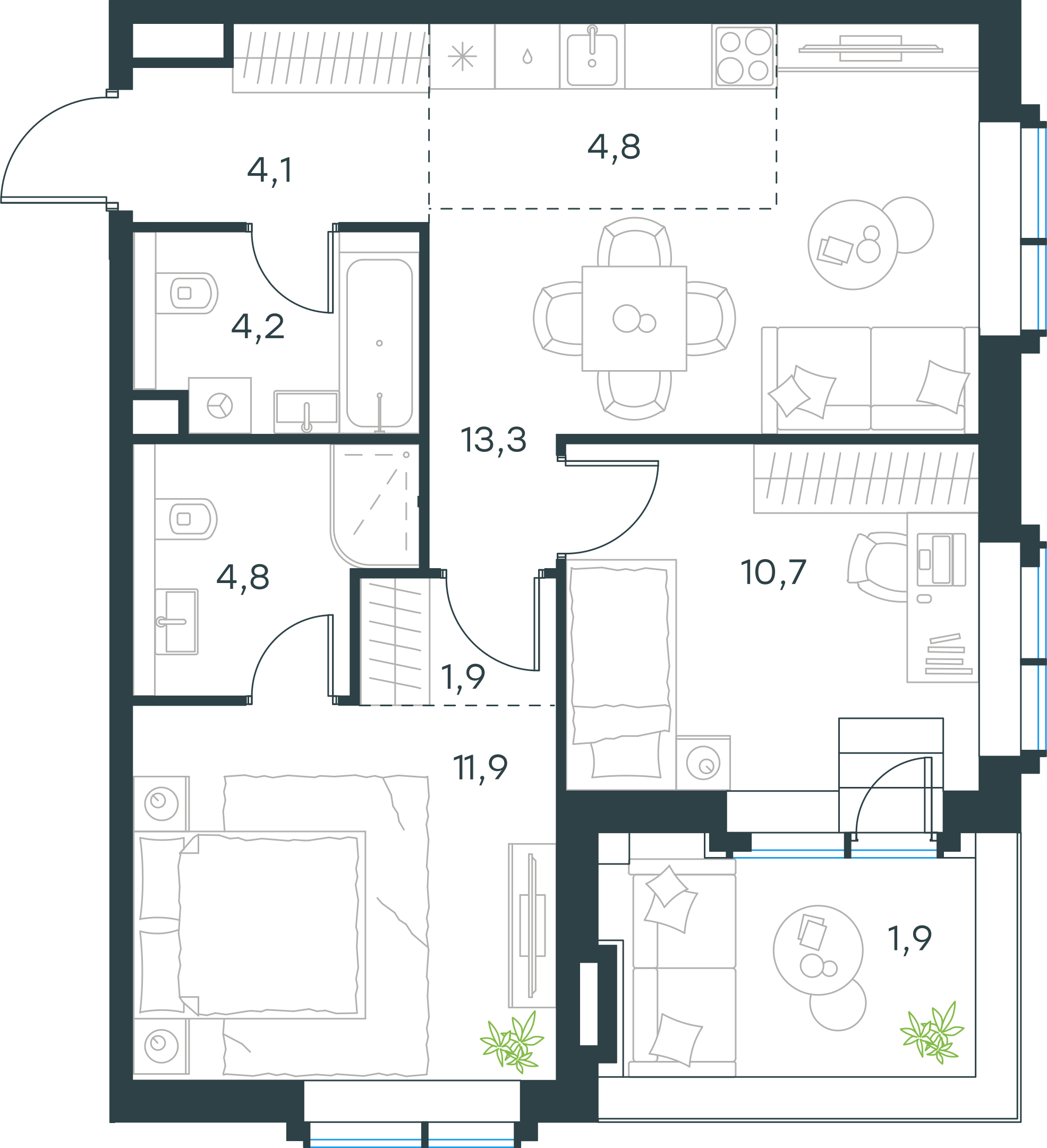 Официальная планировка 2D Level Павелецкая Сити, 57,6 м²