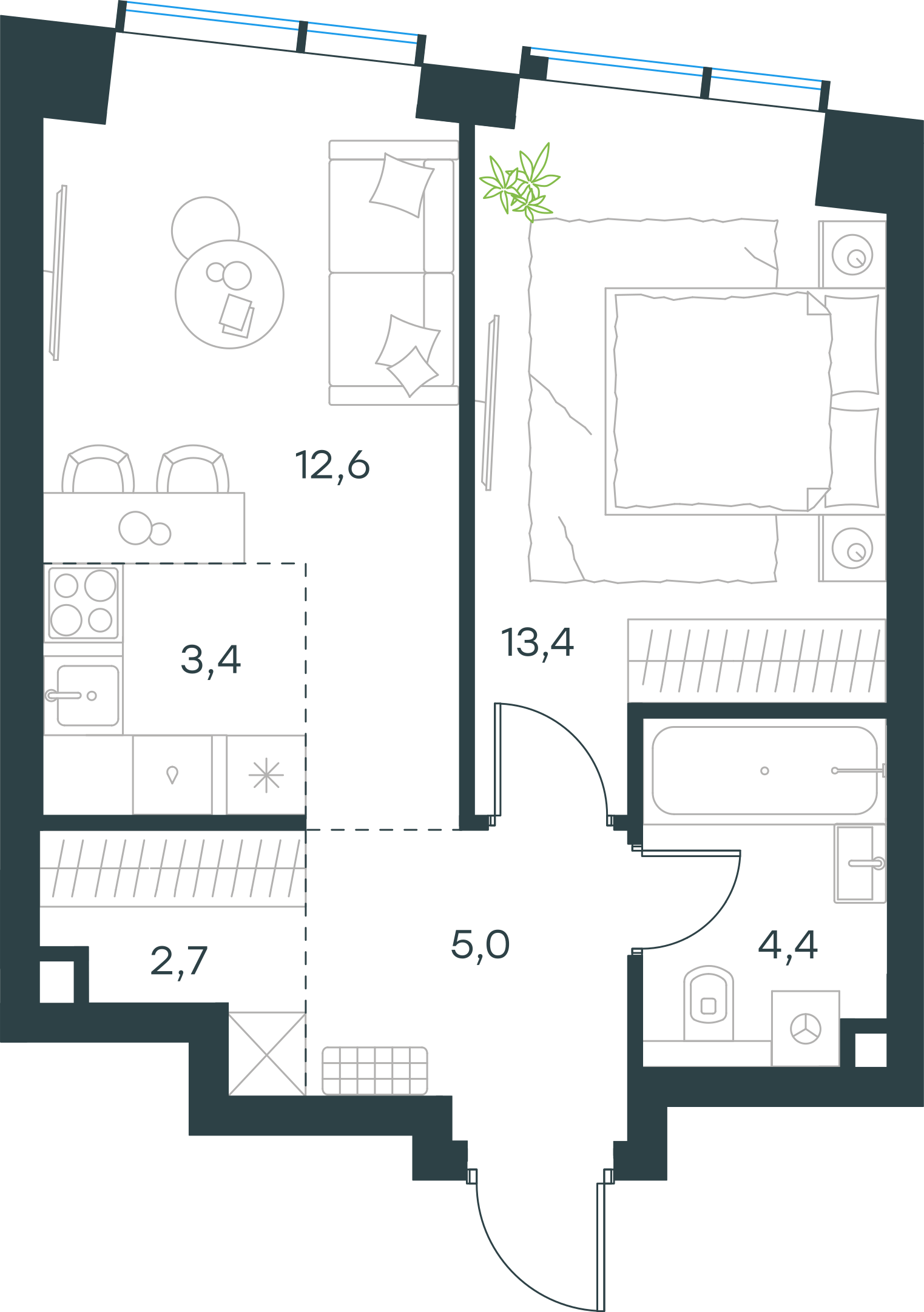 Официальная планировка 2D Level Павелецкая Сити, 41,5 м²