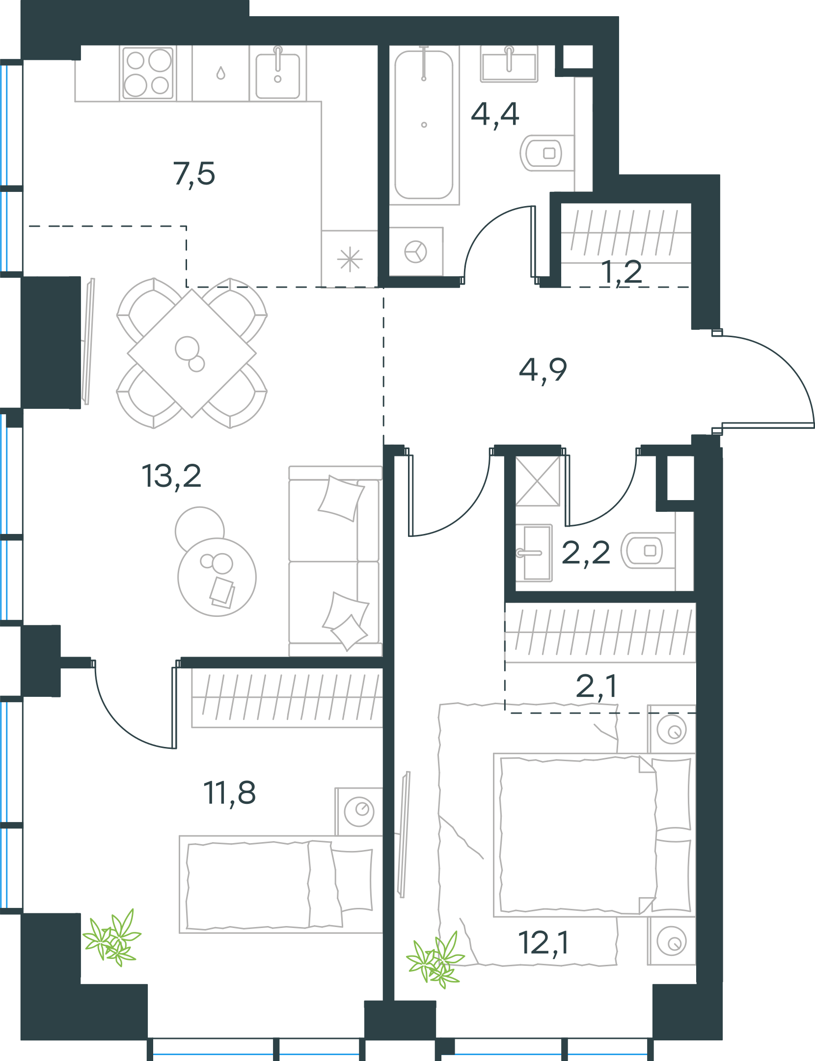 Официальная планировка 2D Level Павелецкая Сити, 59,4 м²