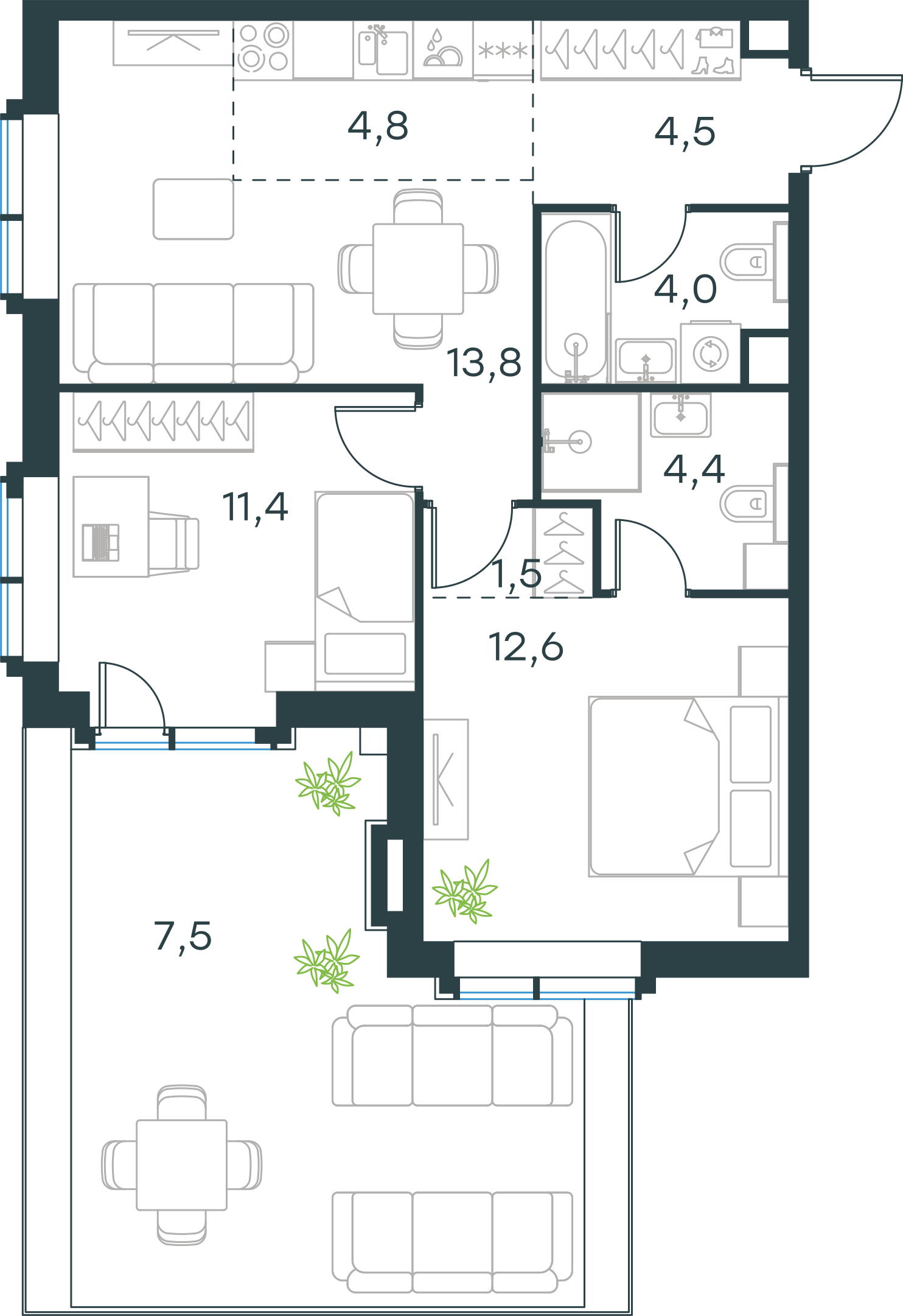 Официальная планировка 2D Level Павелецкая Сити, 64,5 м²