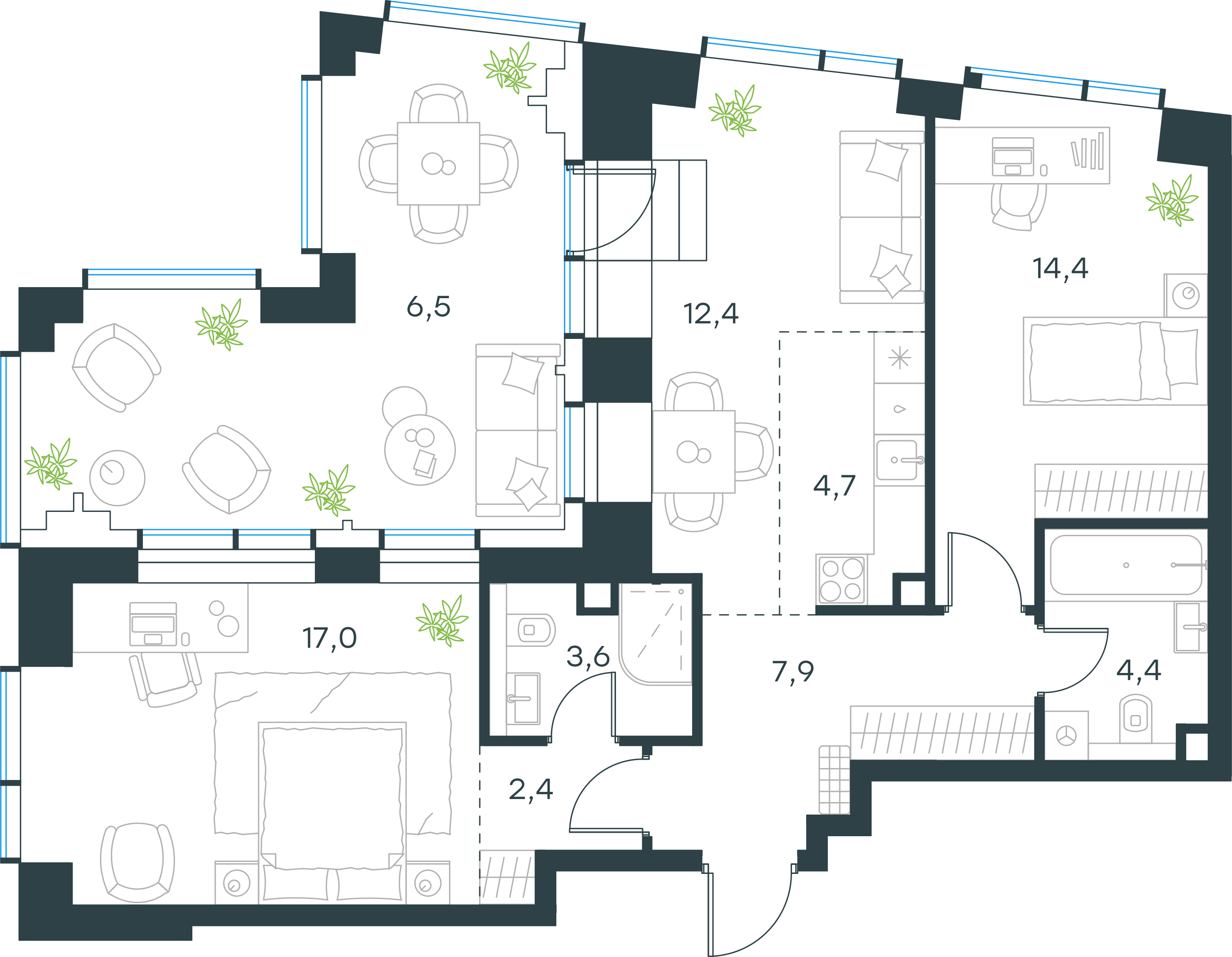 Официальная планировка 2D Level Павелецкая Сити, 73,3 м²