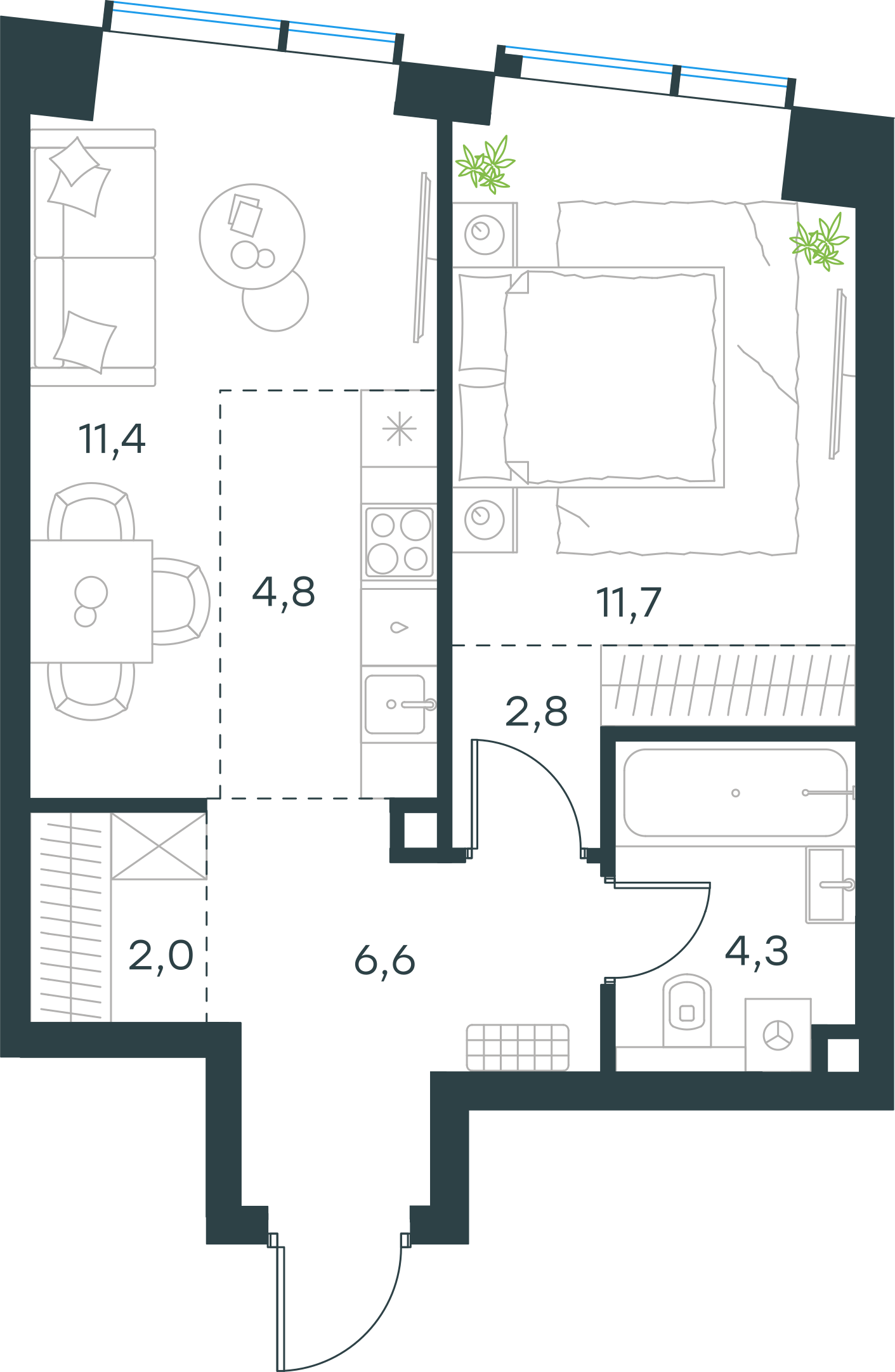 Официальная планировка 2D Level Павелецкая Сити, 43,6 м²