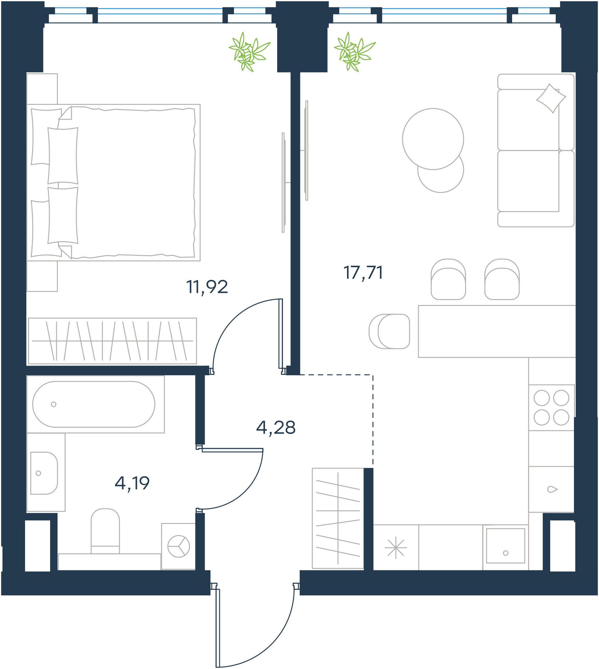 Официальная планировка 2D Level Павелецкая Сити, 38,32 м²