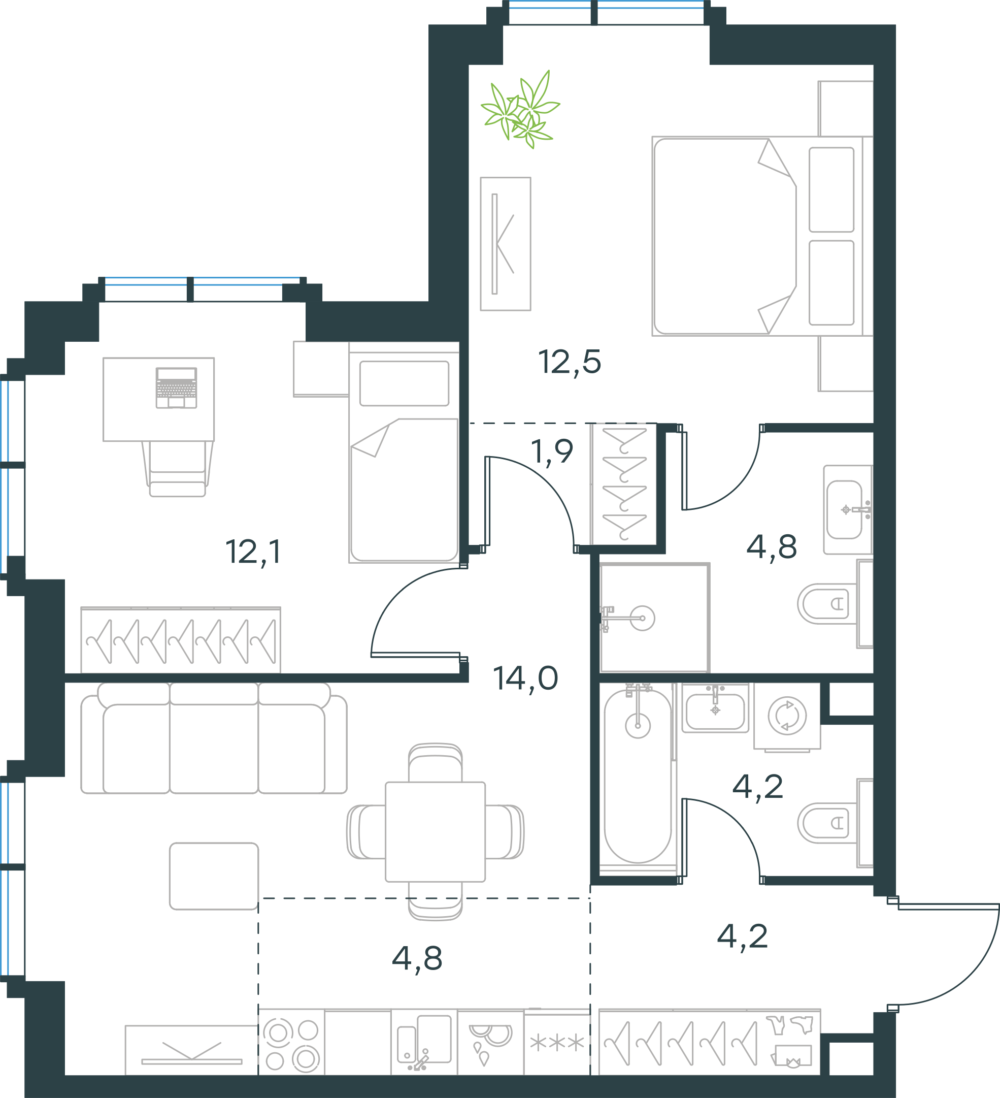 Официальная планировка 2D Level Павелецкая Сити, 58,5 м²