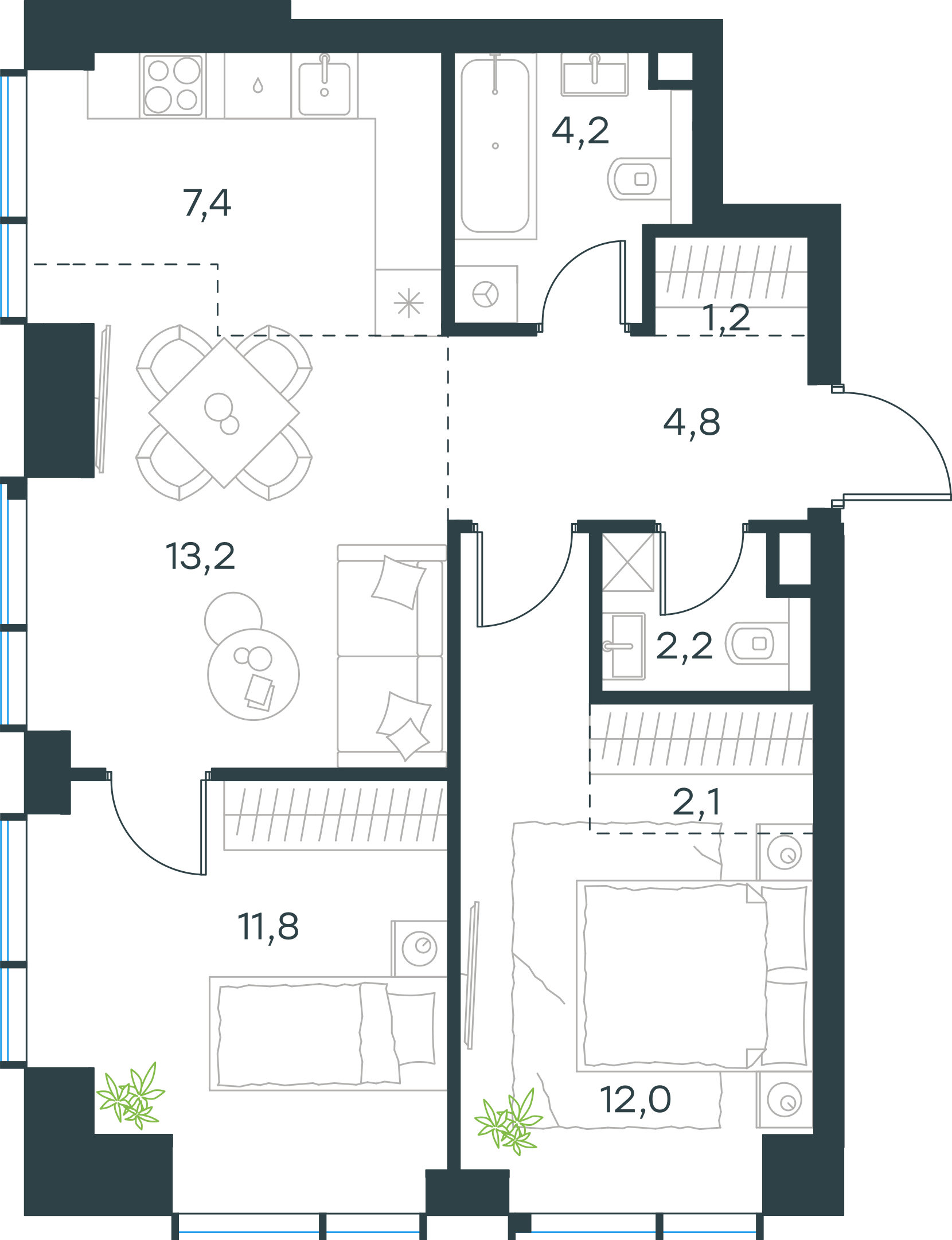 Официальная планировка 2D Level Павелецкая Сити, 58,9 м²