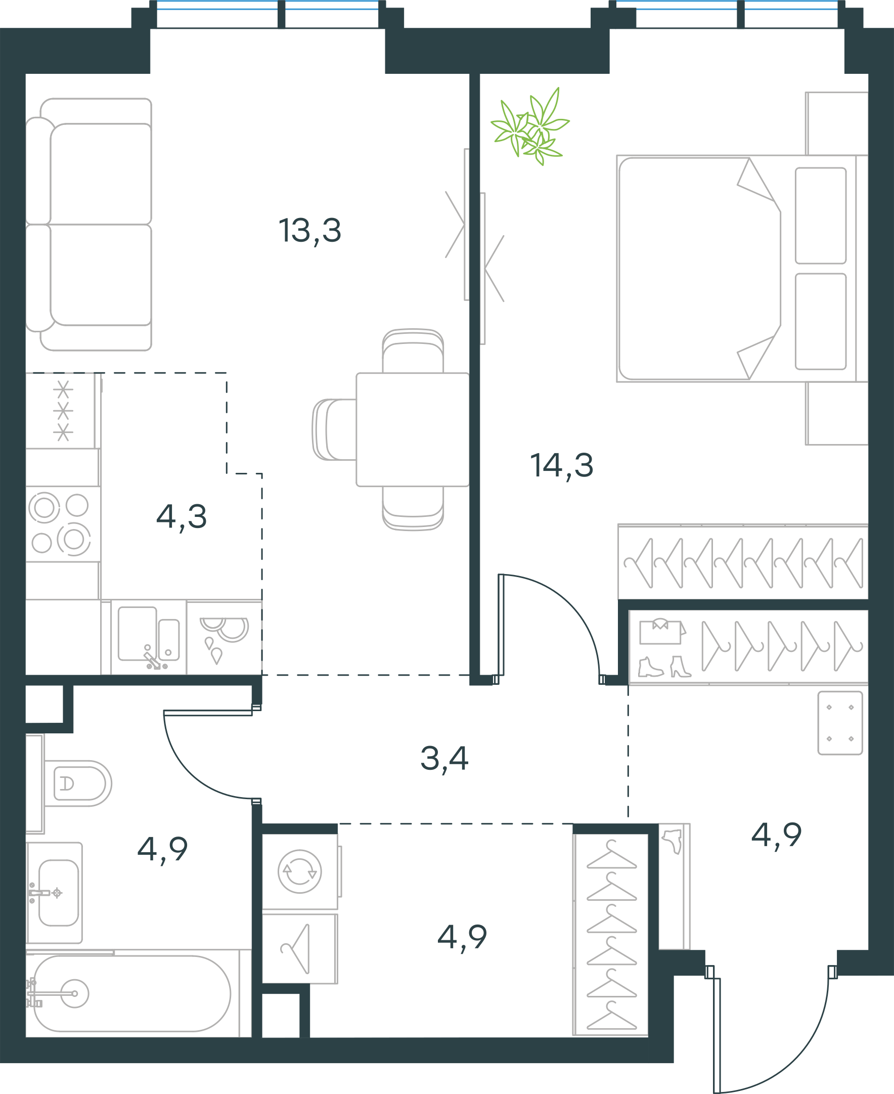 Официальная планировка 2D Level Павелецкая Сити, 50,0 м²