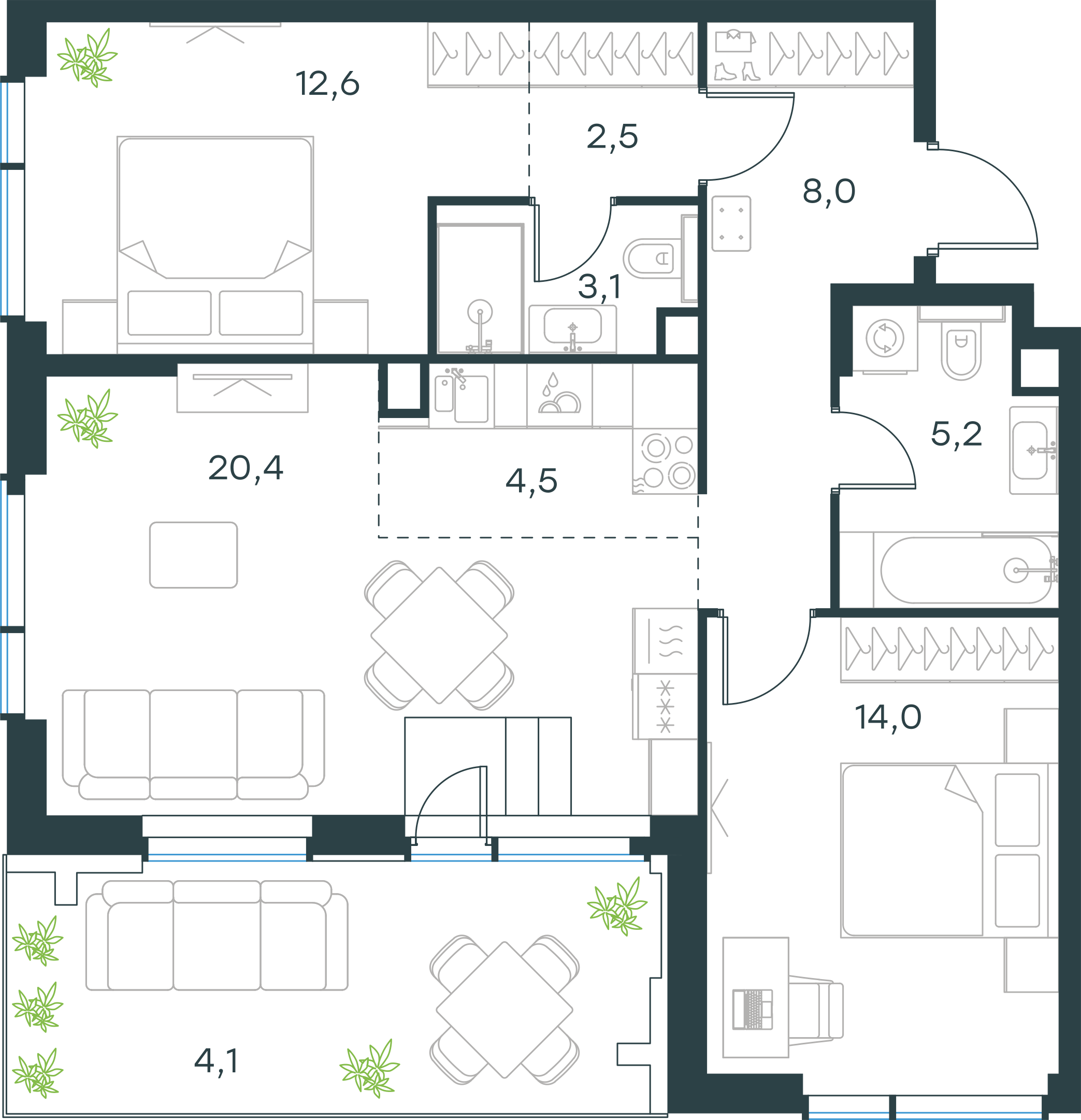 Официальная планировка 2D Level Павелецкая Сити, 74,4 м²