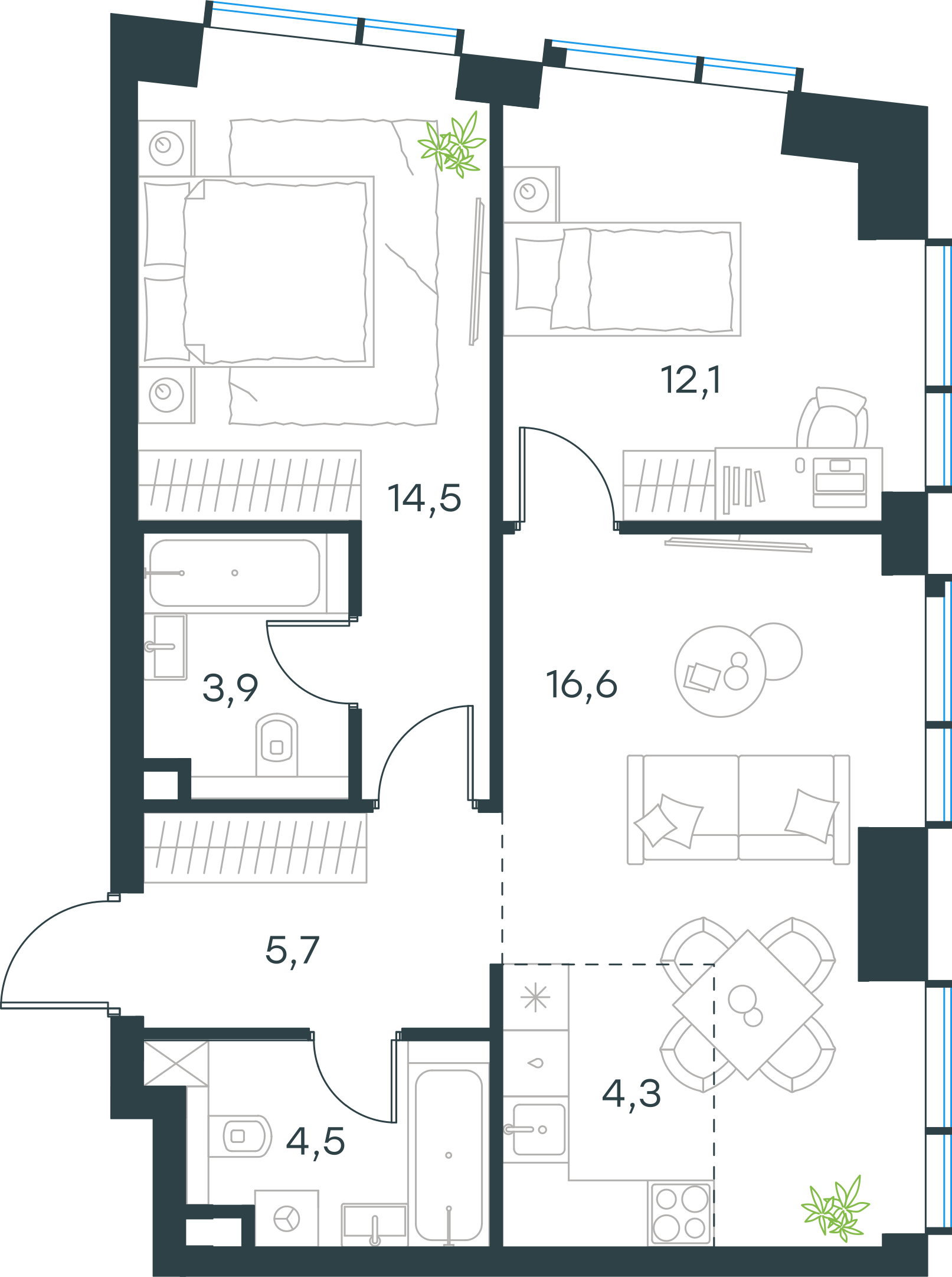 Официальная планировка 2D Level Павелецкая Сити, 61,6 м²