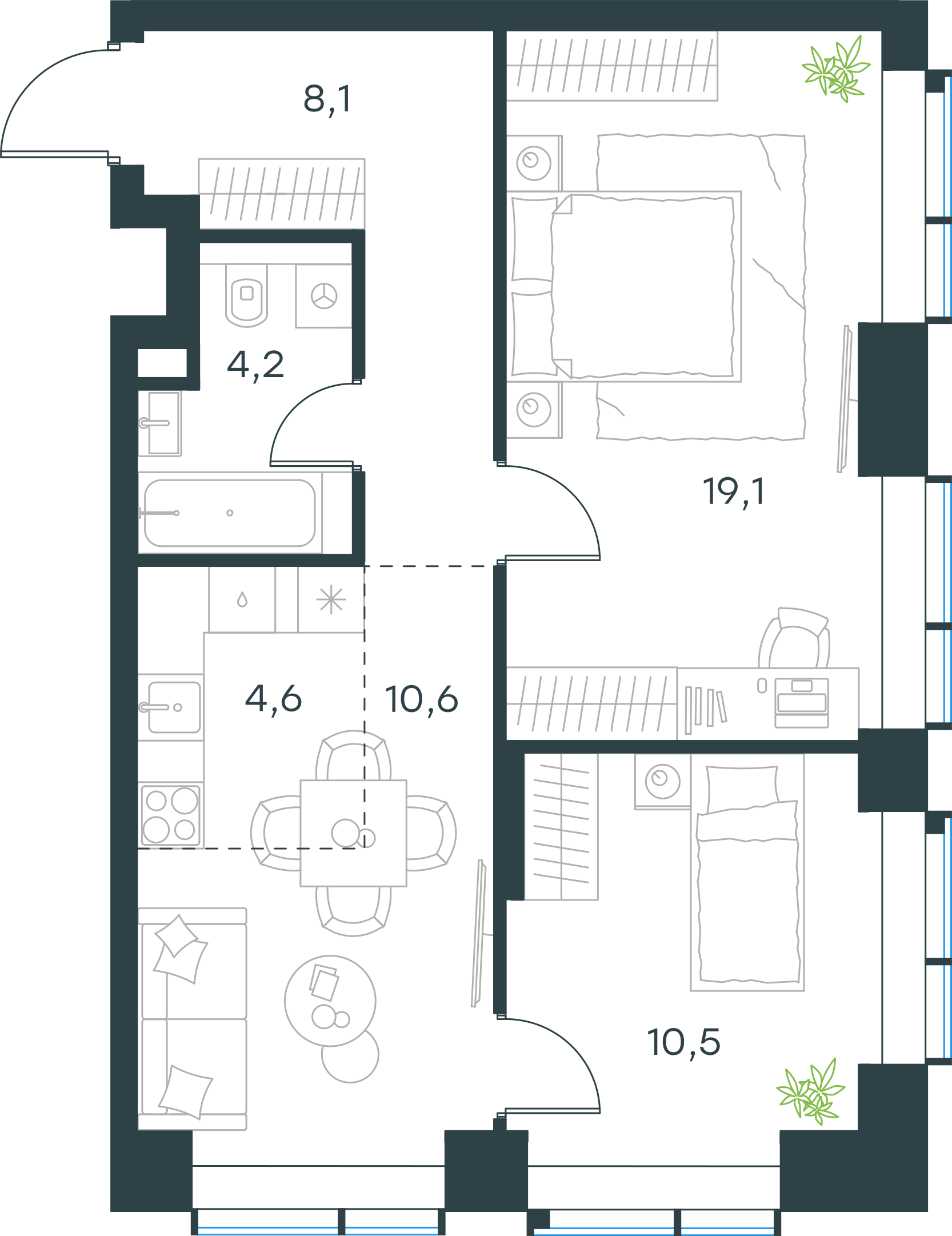 Официальная планировка 2D Level Павелецкая Сити, 57,1 м²