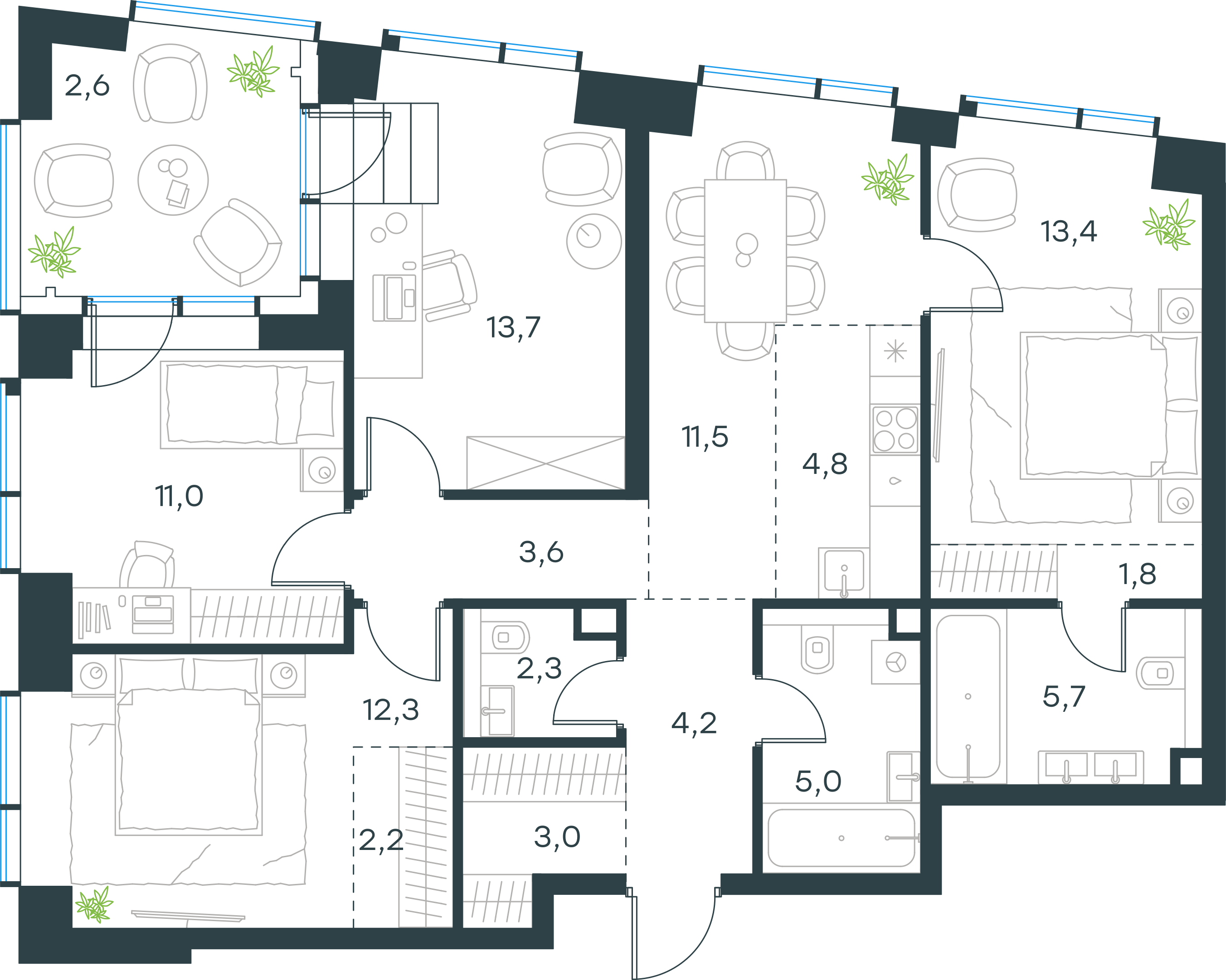 Официальная планировка 2D Level Павелецкая Сити, 97,1 м²