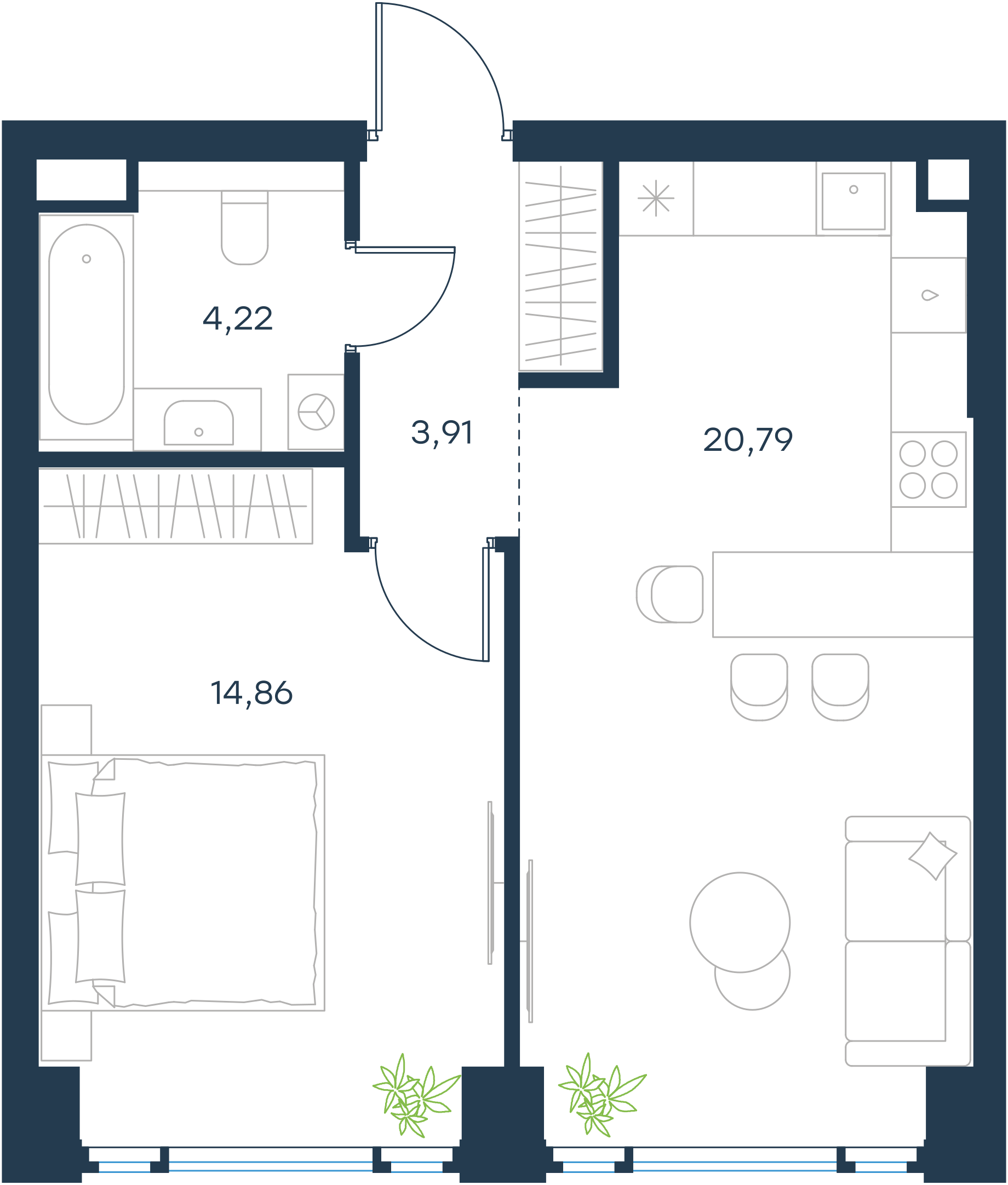 Официальная планировка 2D Level Павелецкая Сити, 43,78 м²