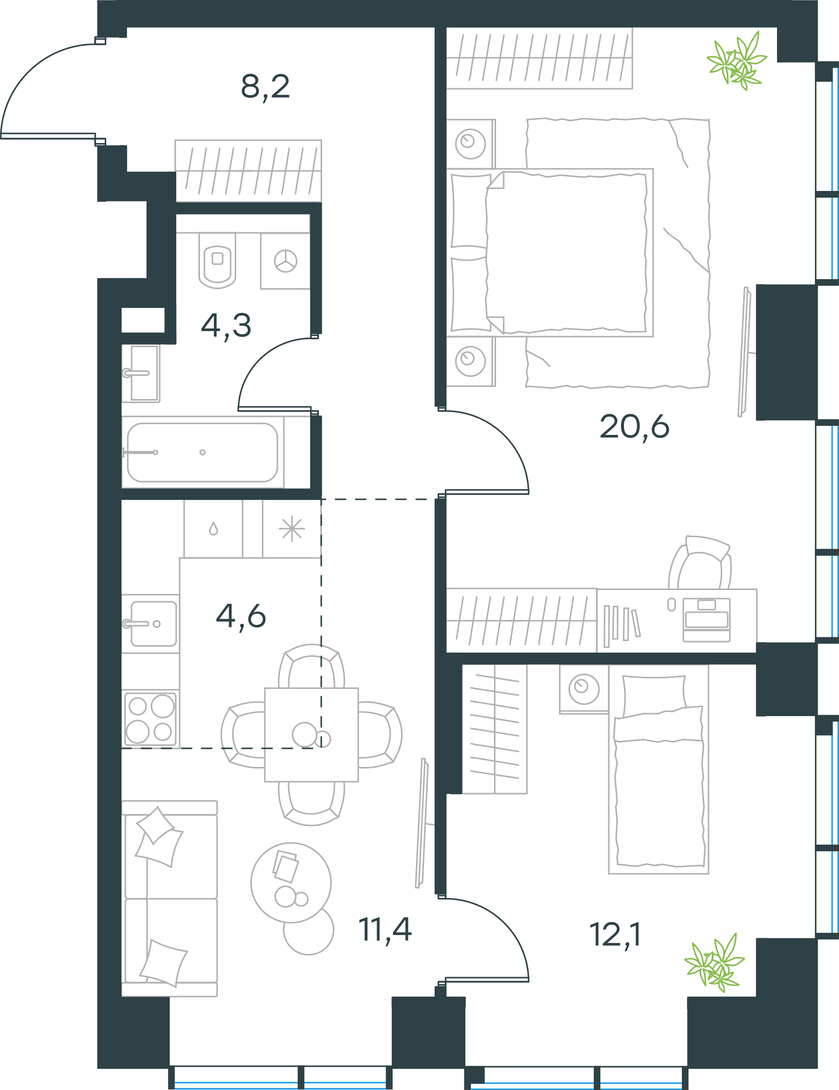 Официальная планировка 2D Level Павелецкая Сити, 61,2 м²