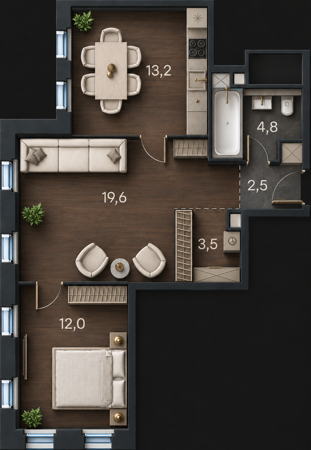 AI-иллюстрация 55,6 м². Материалы и меблировка показаны условно; официальный чертёж — в 2D.
