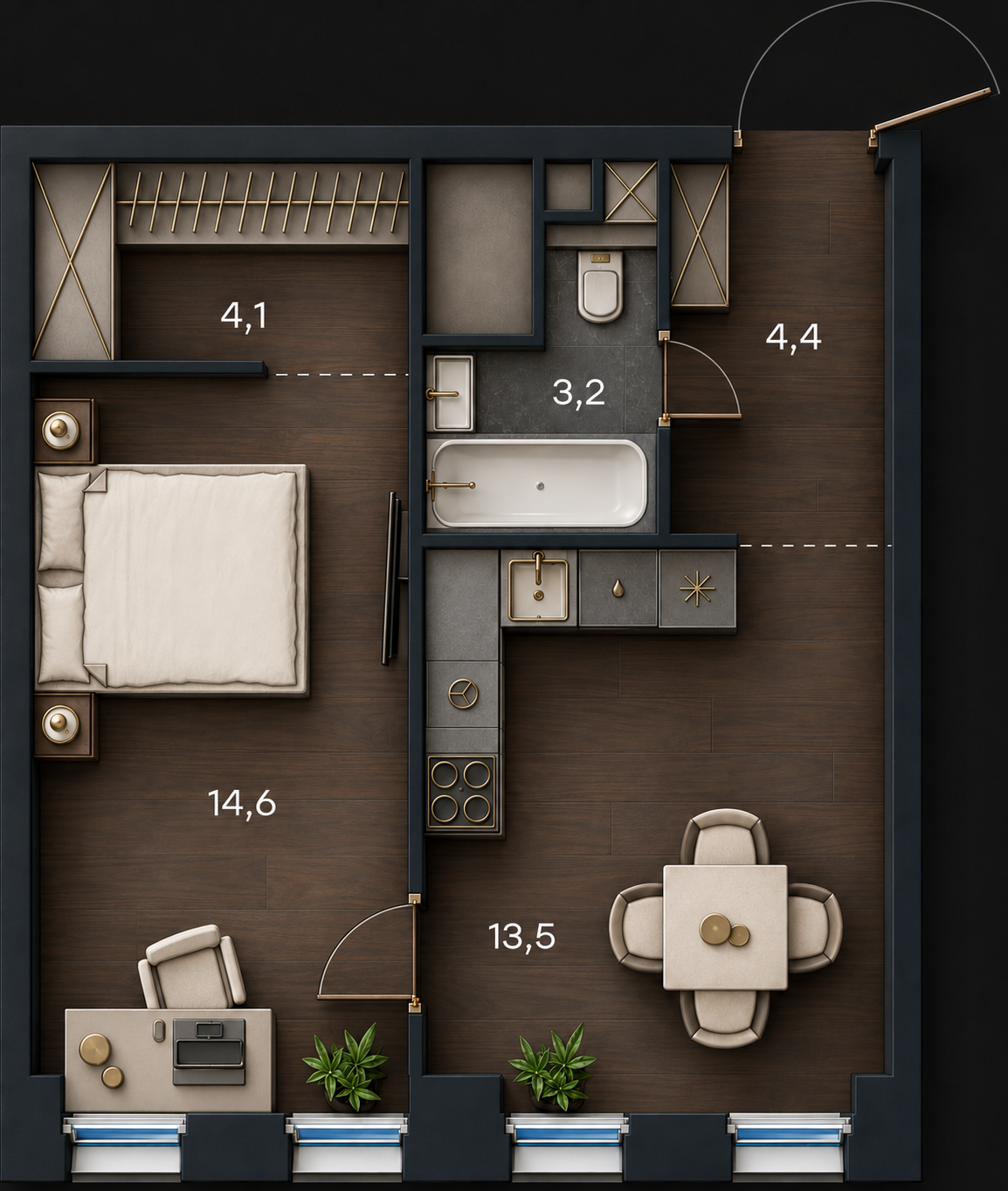 AI-иллюстрация 39,8 м². Материалы и меблировка показаны условно; официальный чертёж — в 2D.