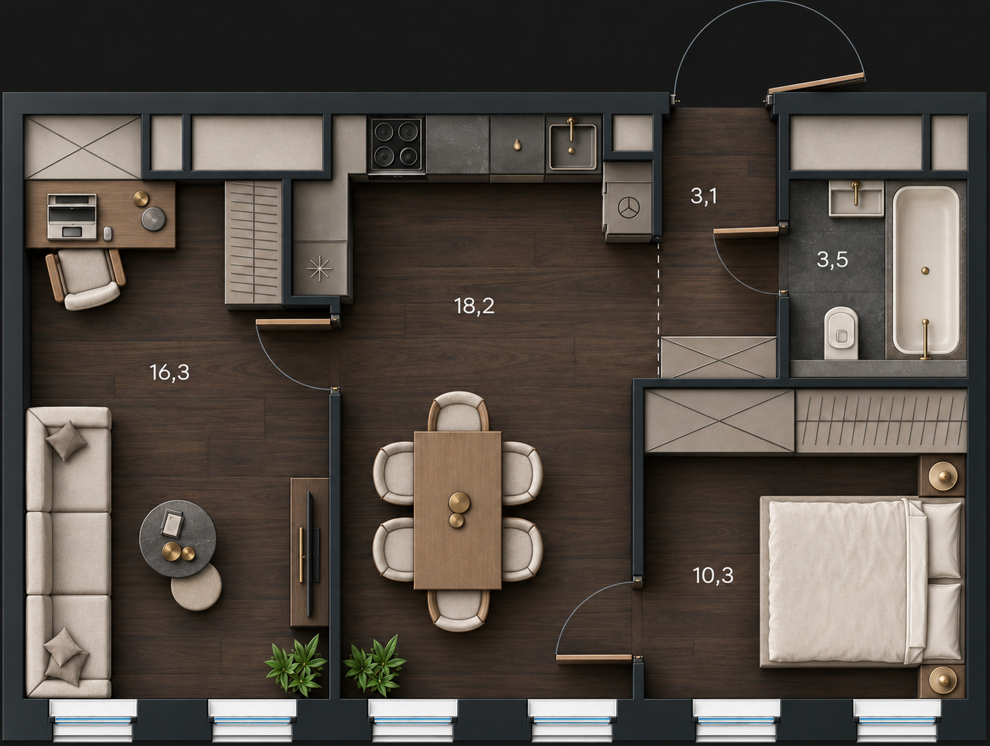 AI-иллюстрация 51,4 м². Материалы и меблировка показаны условно; официальный чертёж — в 2D.