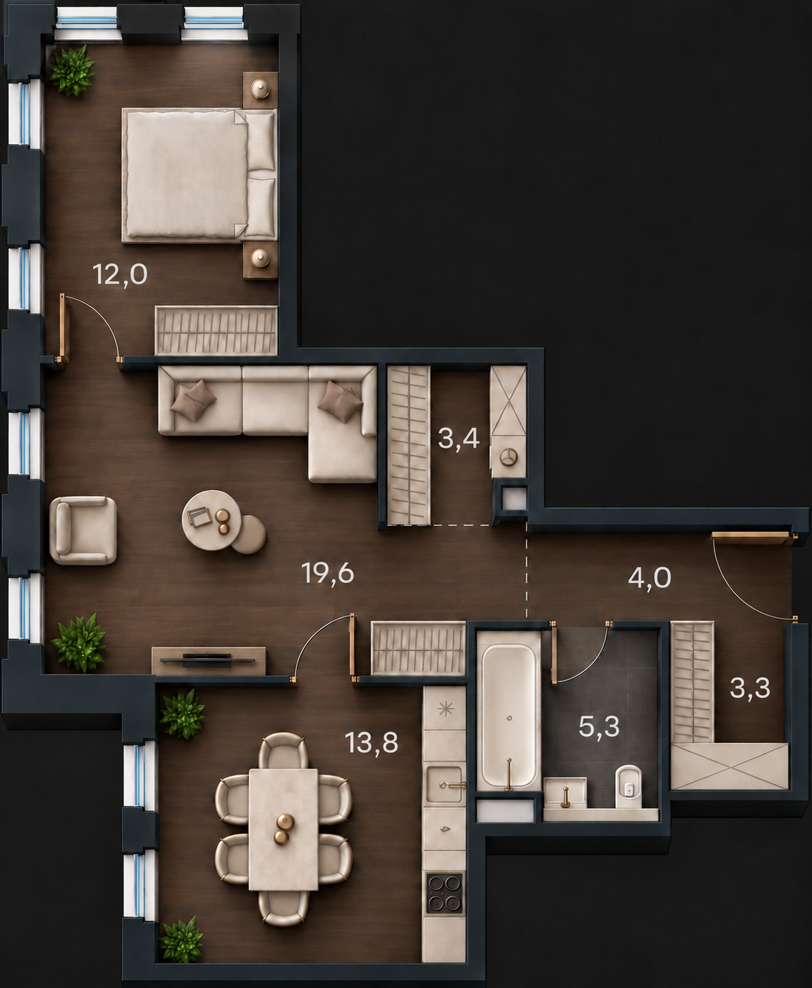 AI-иллюстрация 61,4 м². Материалы и меблировка показаны условно; официальный чертёж — в 2D.