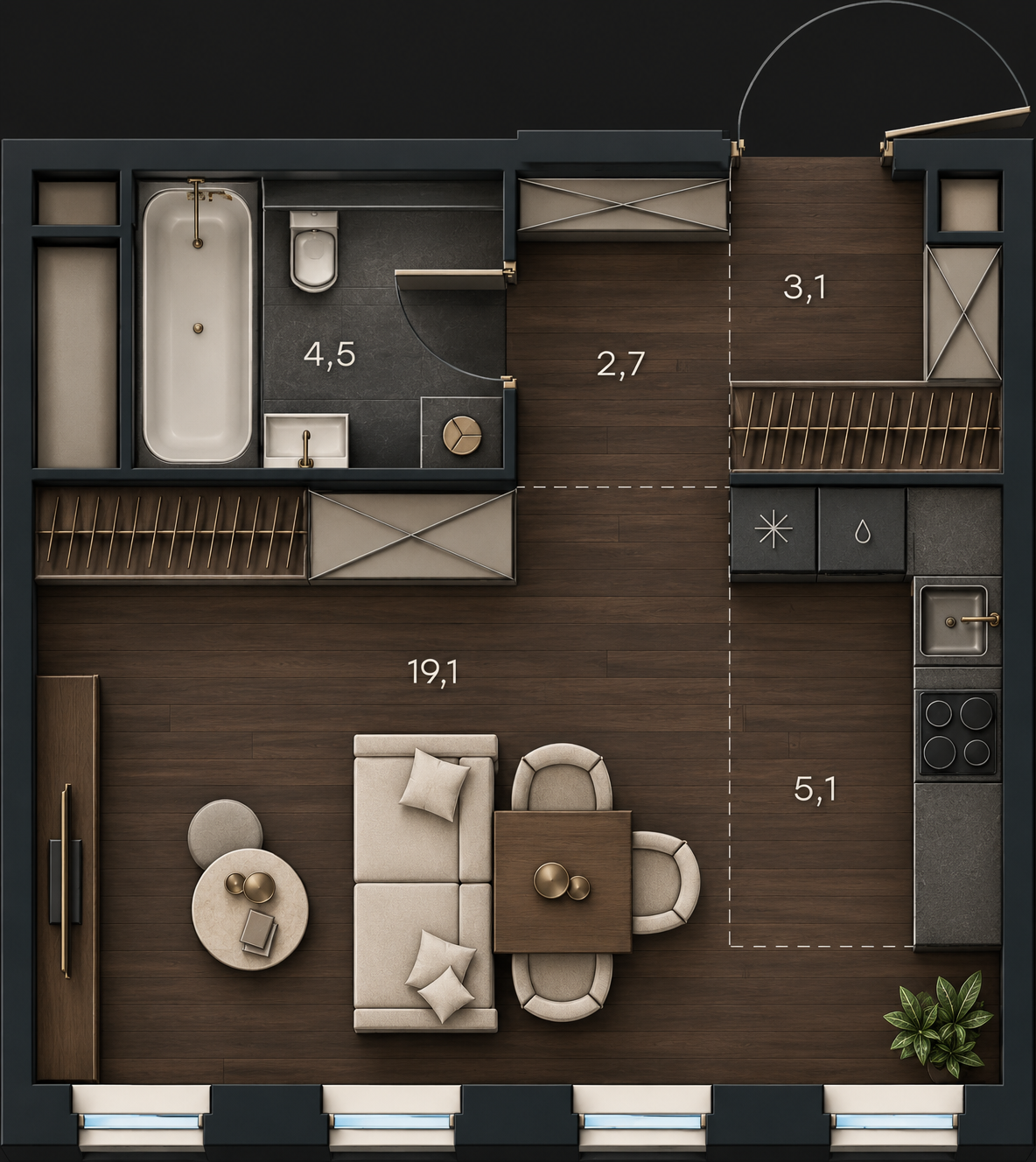 AI-иллюстрация 34,5 м². Материалы и меблировка показаны условно; официальный чертёж — в 2D.