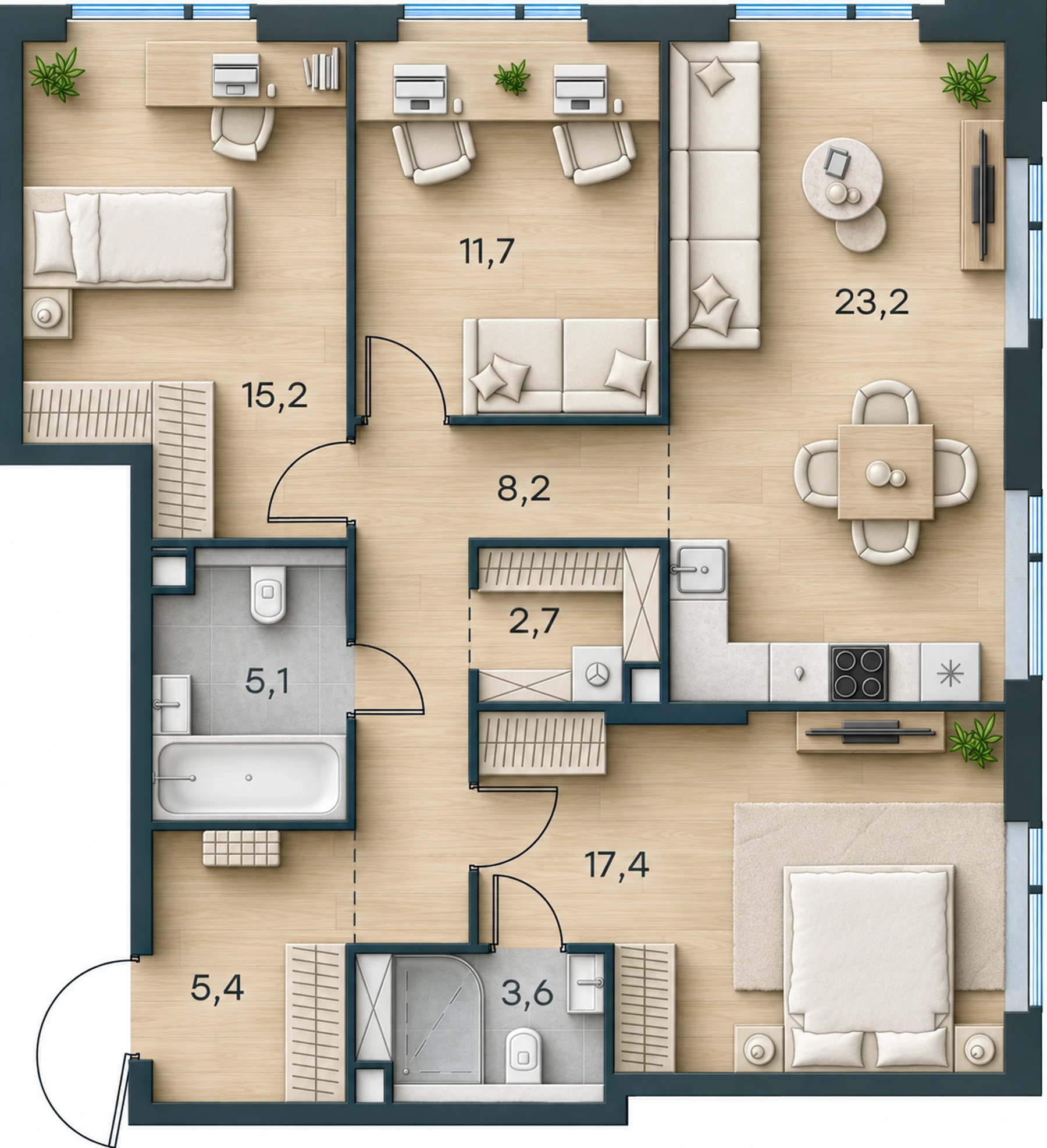AI-иллюстрация 92,5 м². Материалы и меблировка показаны условно; официальный чертёж — в 2D.