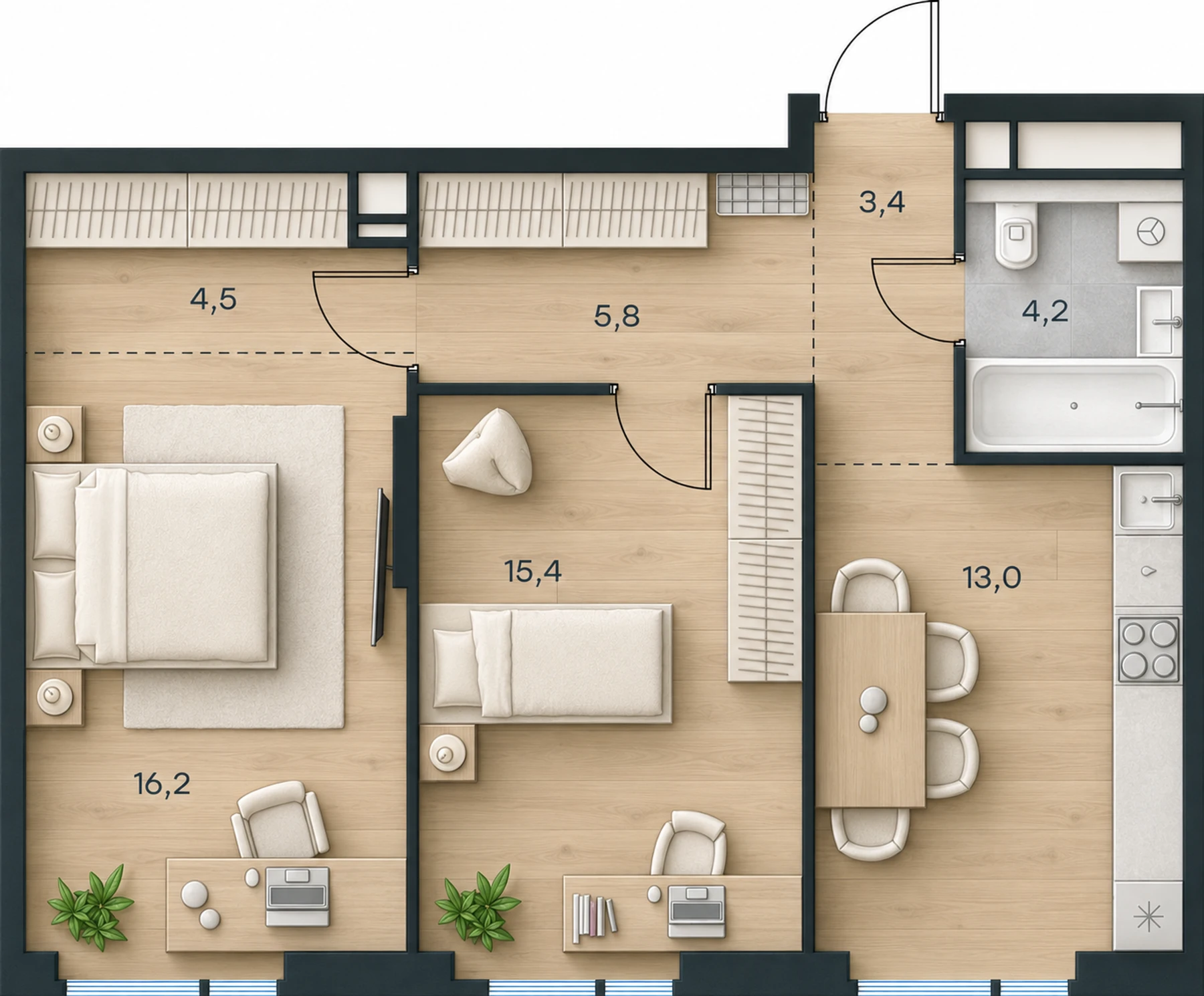 AI-иллюстрация 62,5 м². Материалы и меблировка показаны условно; официальный чертёж — в 2D.