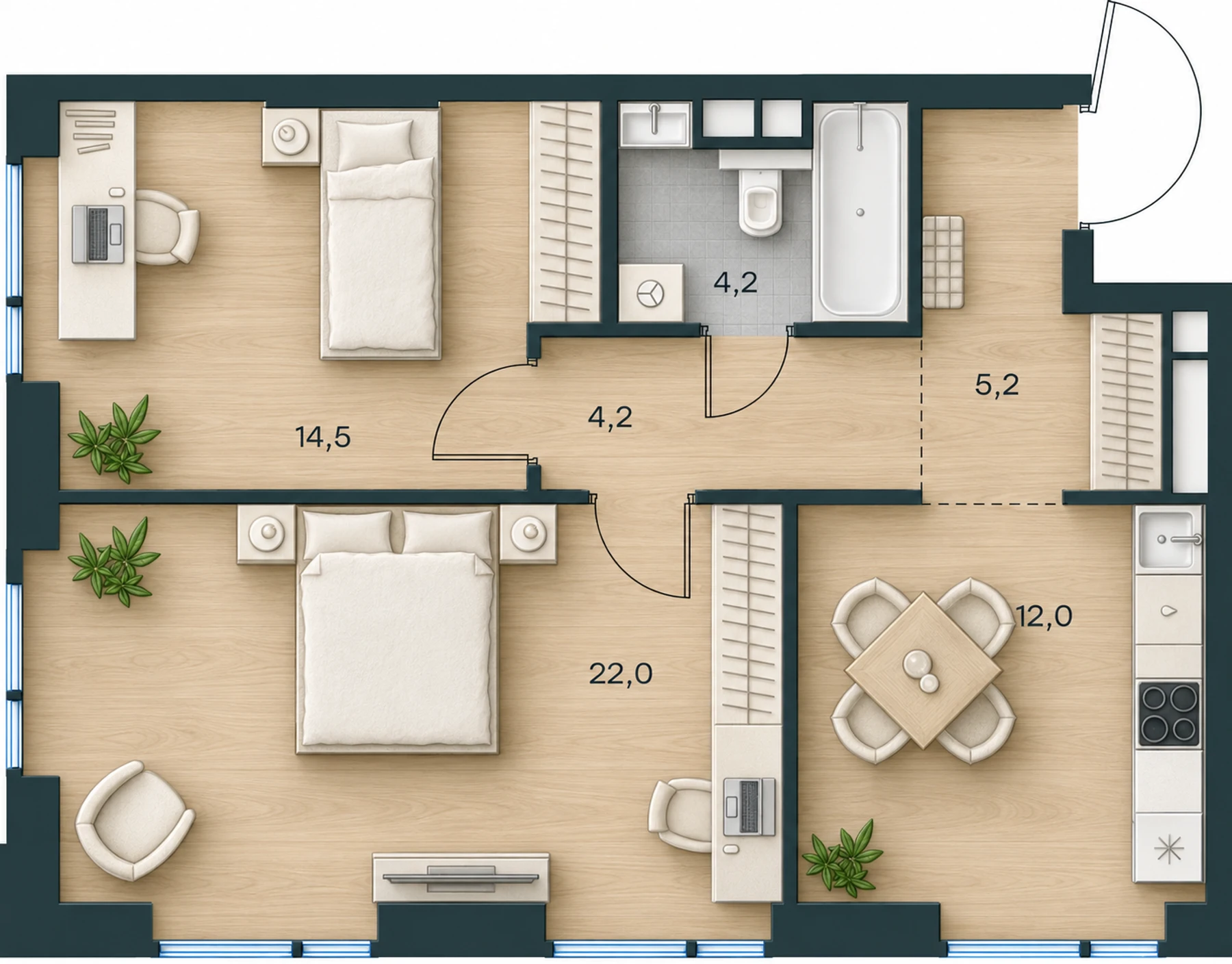 AI-иллюстрация 62,1 м². Материалы и меблировка показаны условно; официальный чертёж — в 2D.