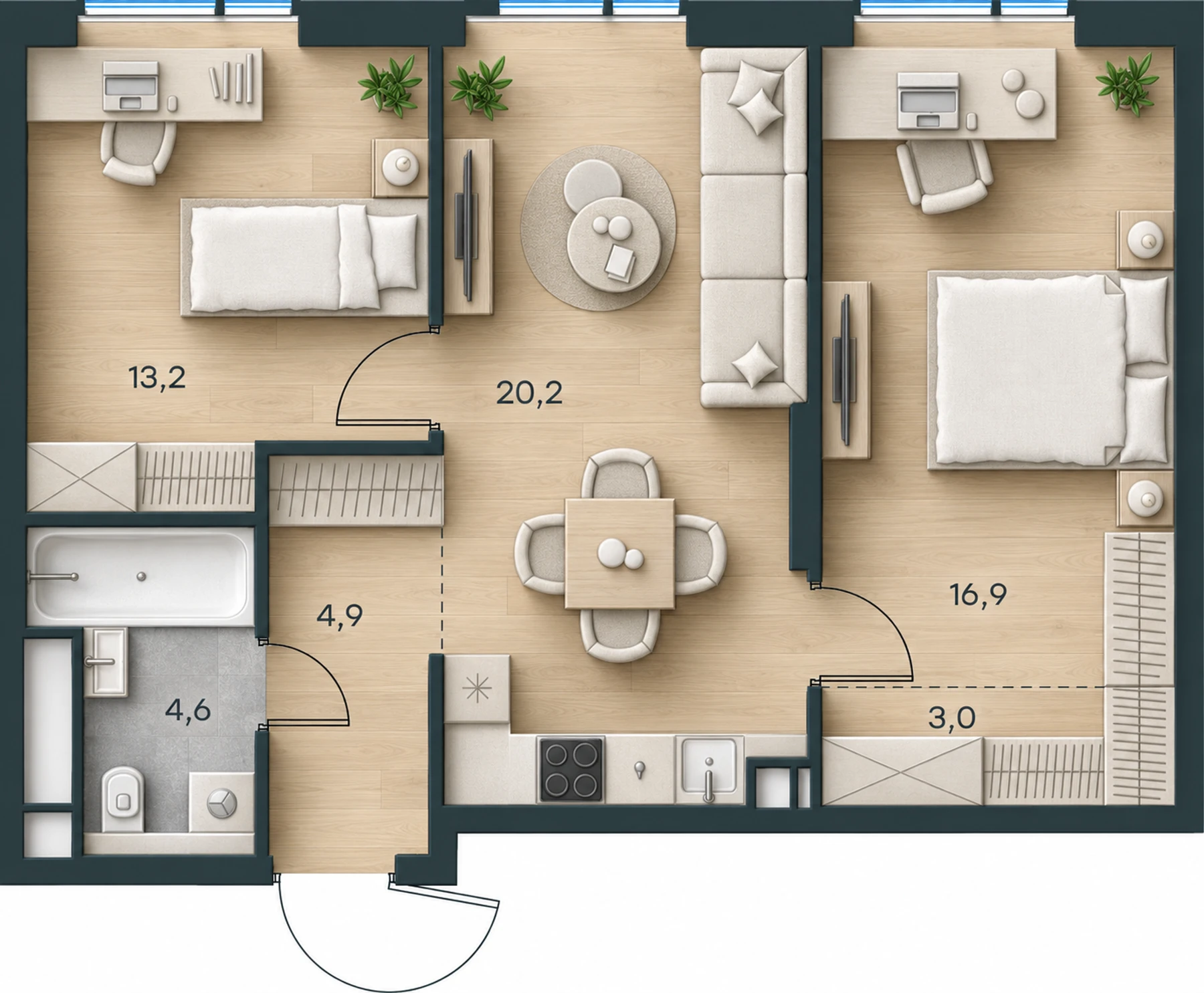 AI-иллюстрация 62,8 м². Материалы и меблировка показаны условно; официальный чертёж — в 2D.