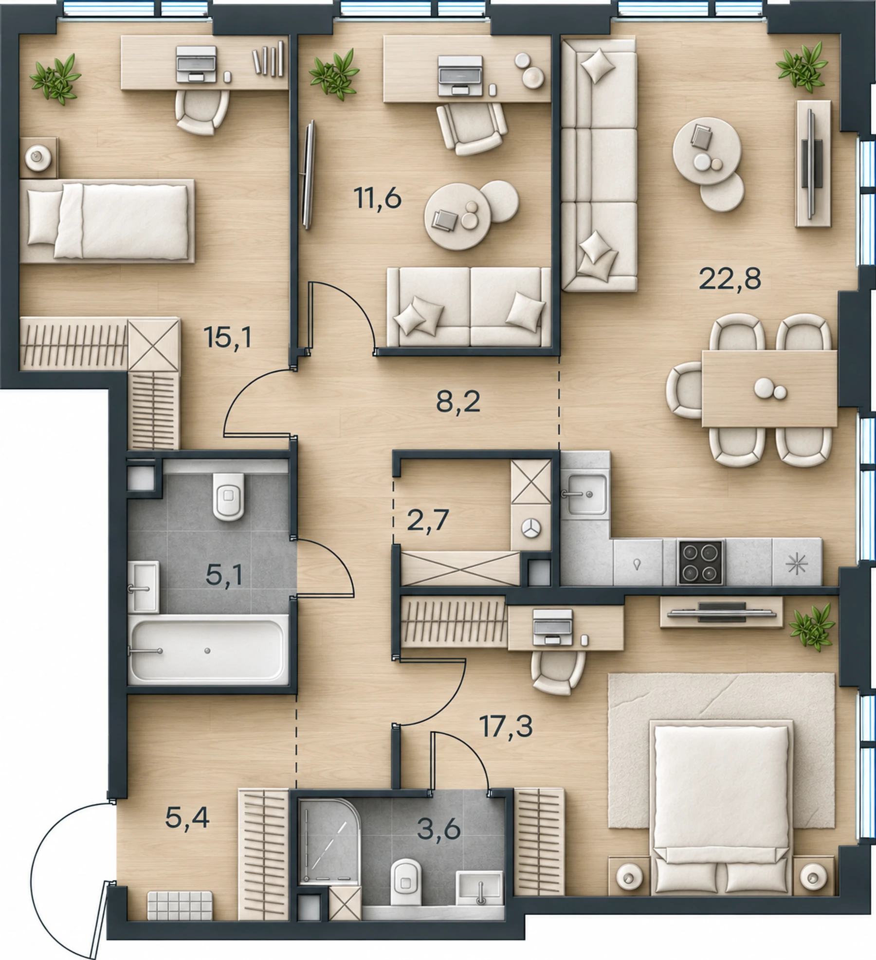 AI-иллюстрация 91,8 м². Материалы и меблировка показаны условно; официальный чертёж — в 2D.