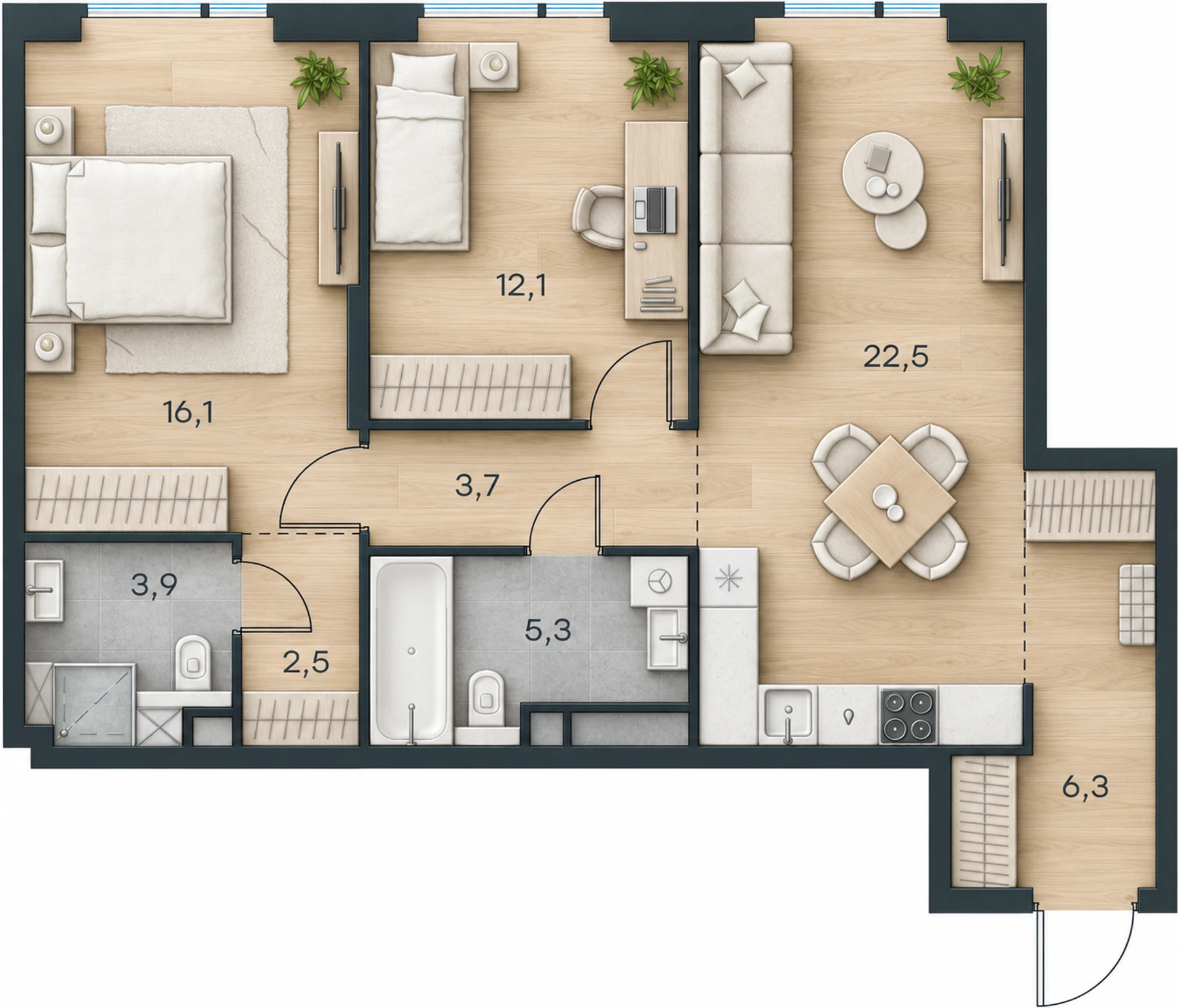 AI-иллюстрация 72,4 м². Материалы и меблировка показаны условно; официальный чертёж — в 2D.