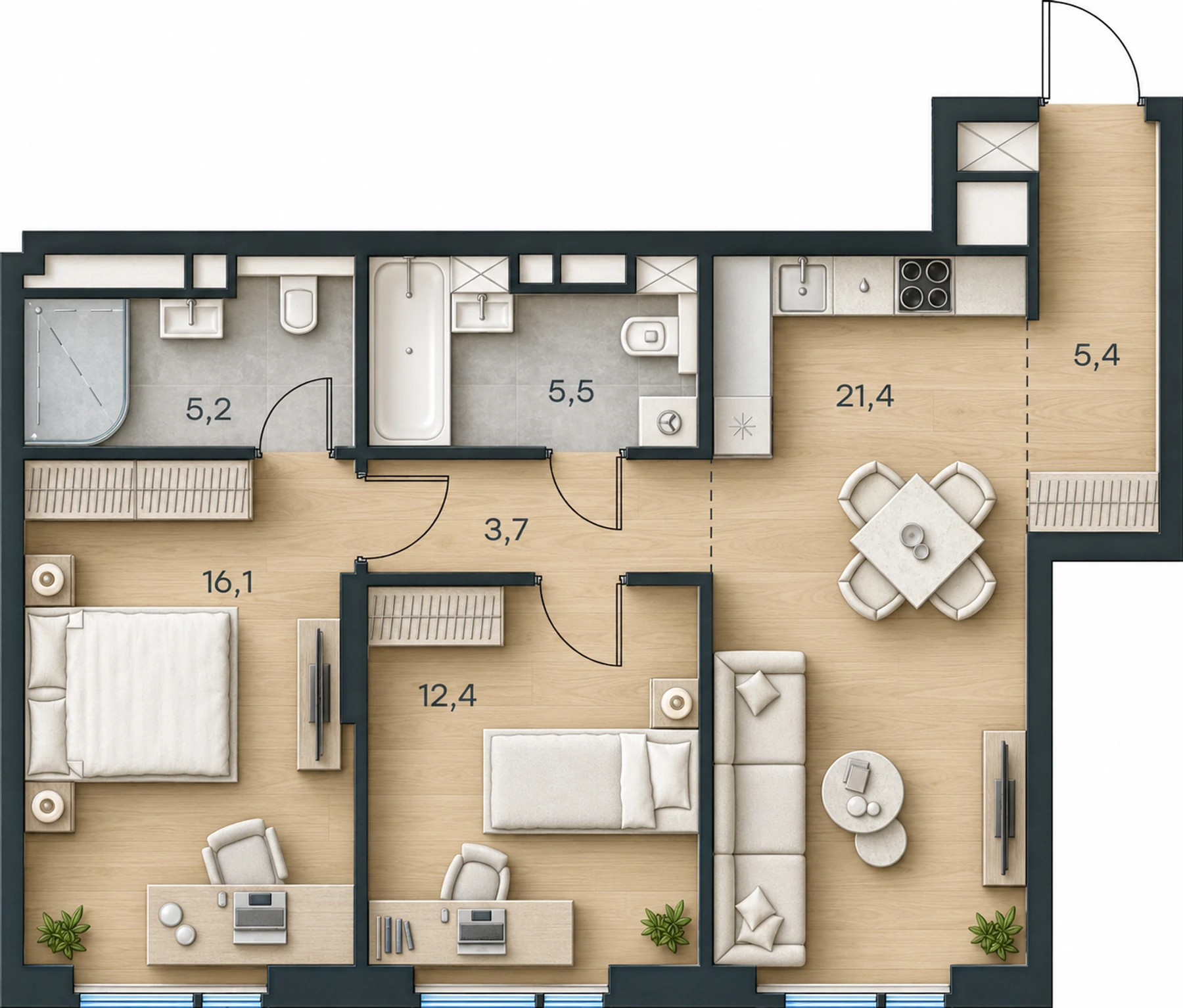 AI-иллюстрация 69,7 м². Материалы и меблировка показаны условно; официальный чертёж — в 2D.