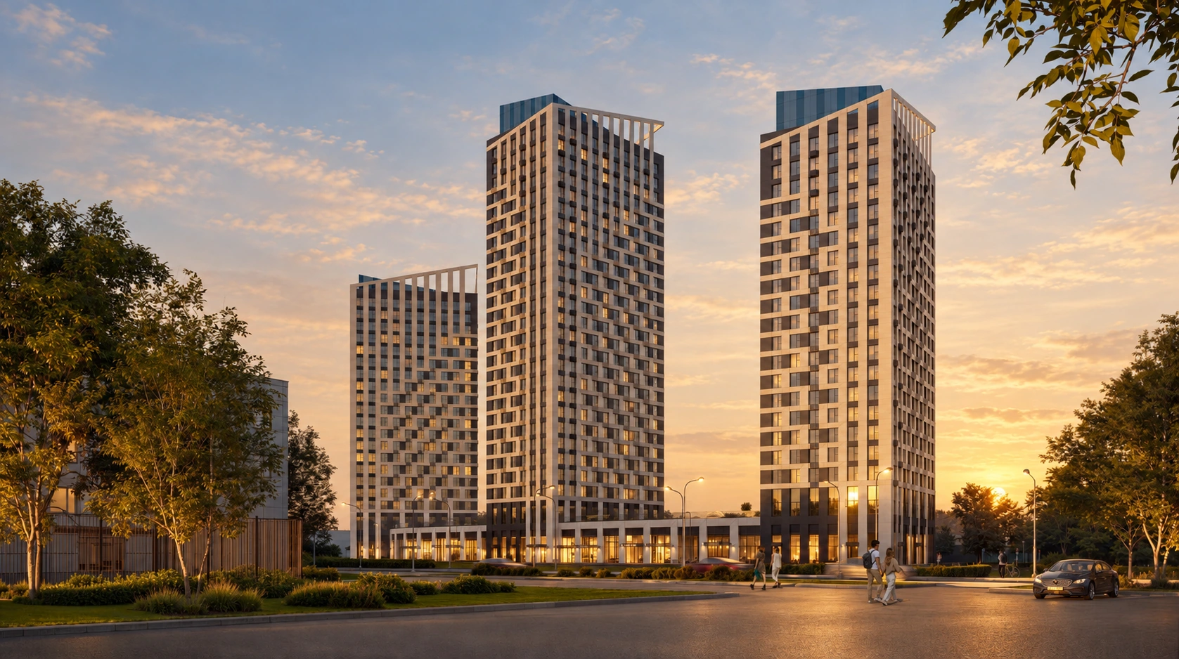 Левел Войковская — три корпуса в вечернем свете