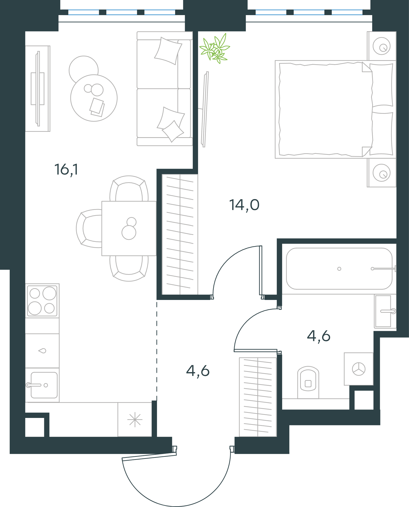 Официальная схема Левел Южнопортовая, 39,3 м²