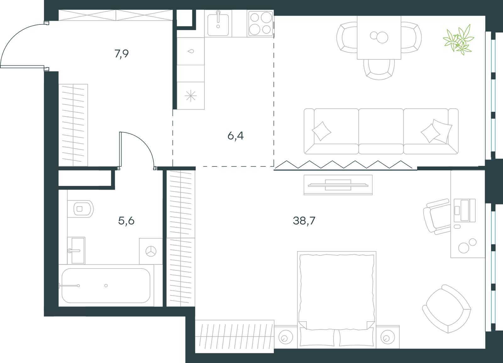 Официальная схема Левел Южнопортовая, 58,6 м²