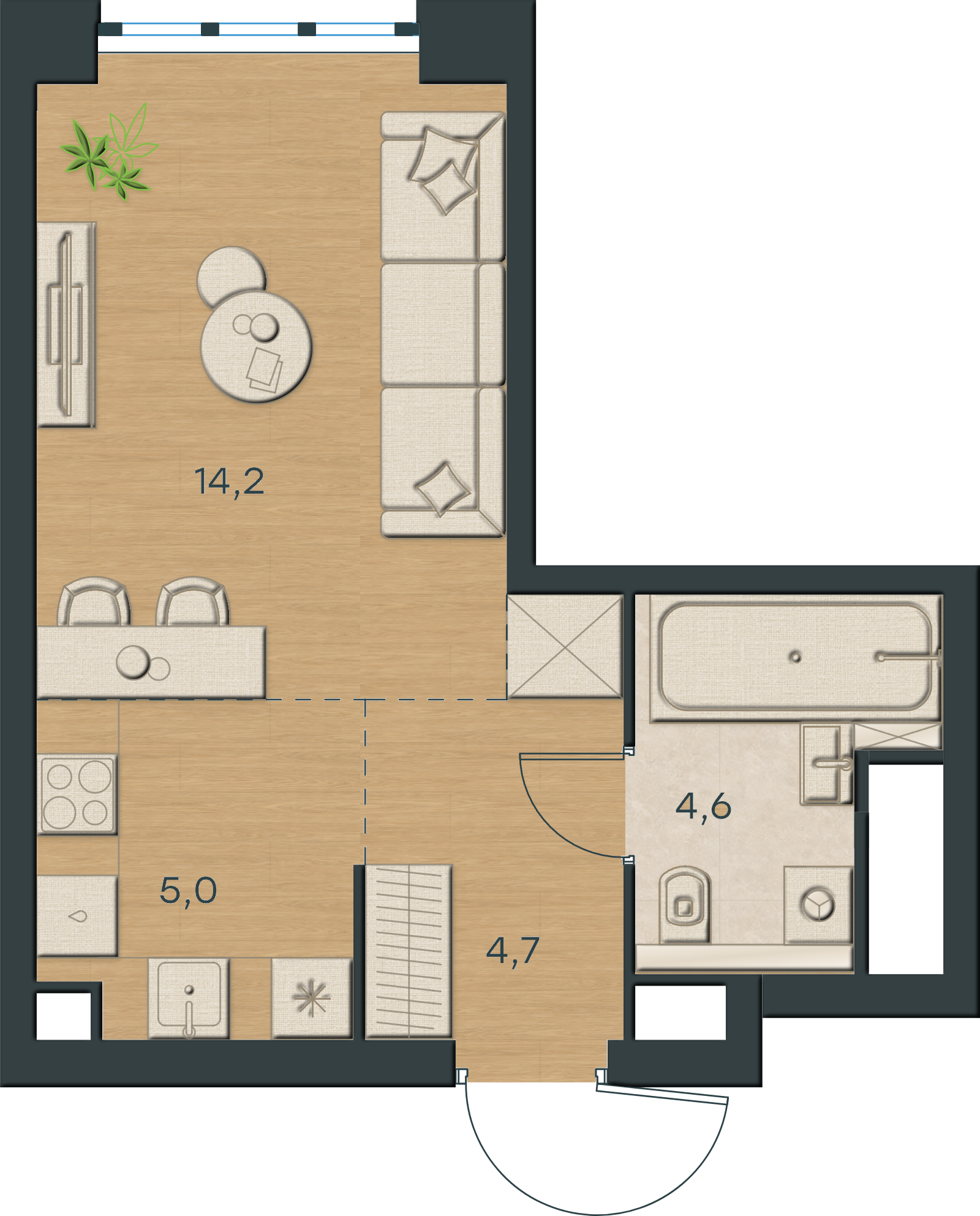 AI-иллюстрация 28,5 м². Материалы и меблировка показаны условно; официальный чертёж — в 2D.