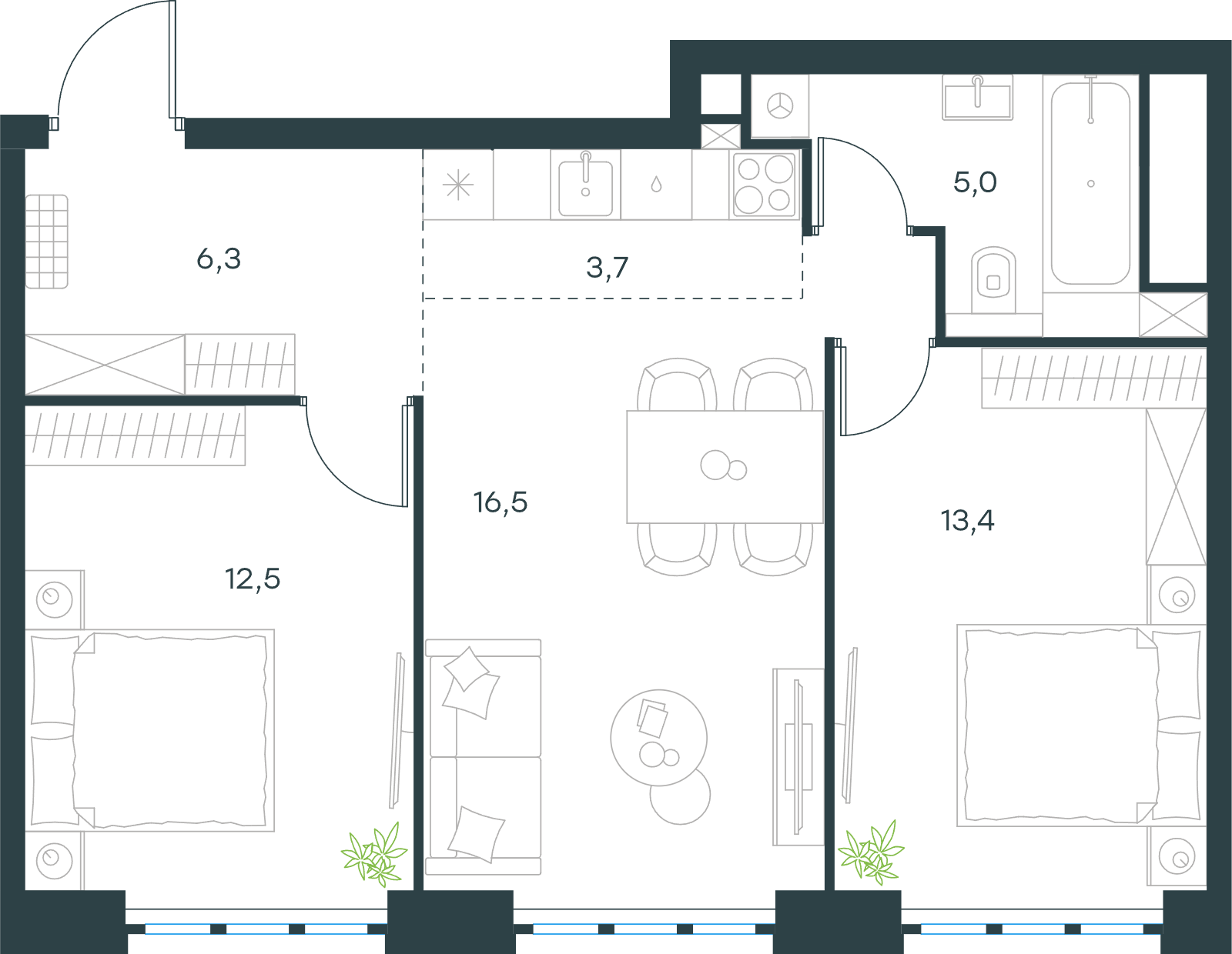 Официальная схема Левел Южнопортовая, 57,4 м²