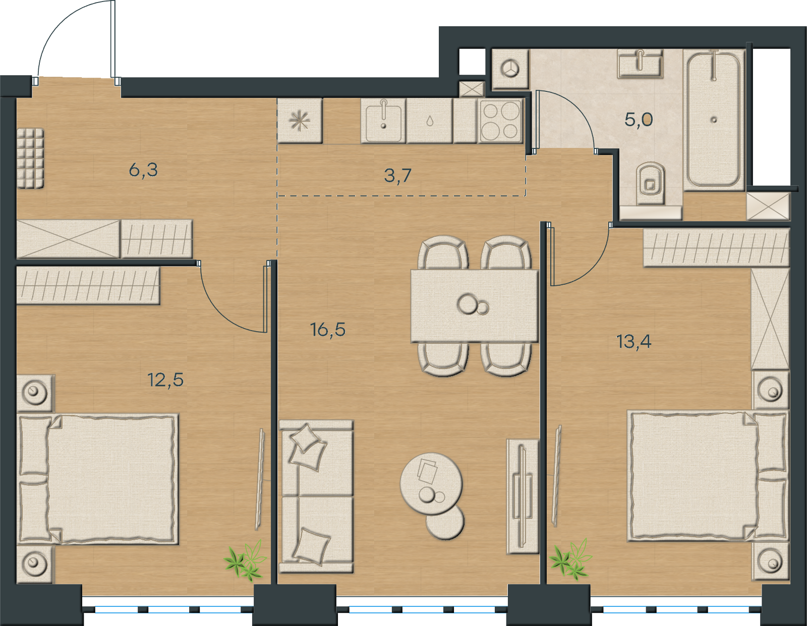 AI-иллюстрация 57,4 м². Материалы и меблировка показаны условно; официальный чертёж — в 2D.