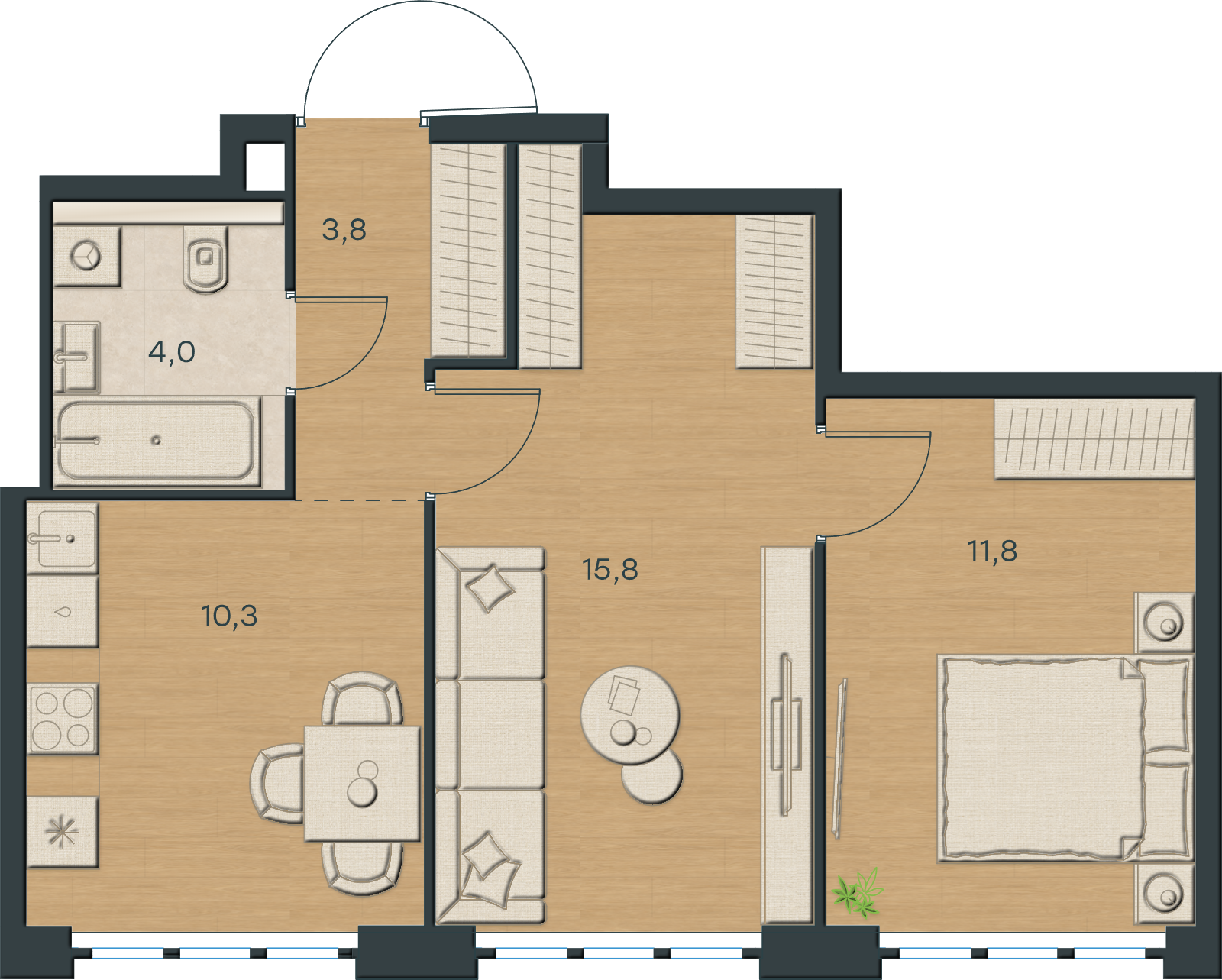 AI-иллюстрация 45,7 м². Материалы и меблировка показаны условно; официальный чертёж — в 2D.